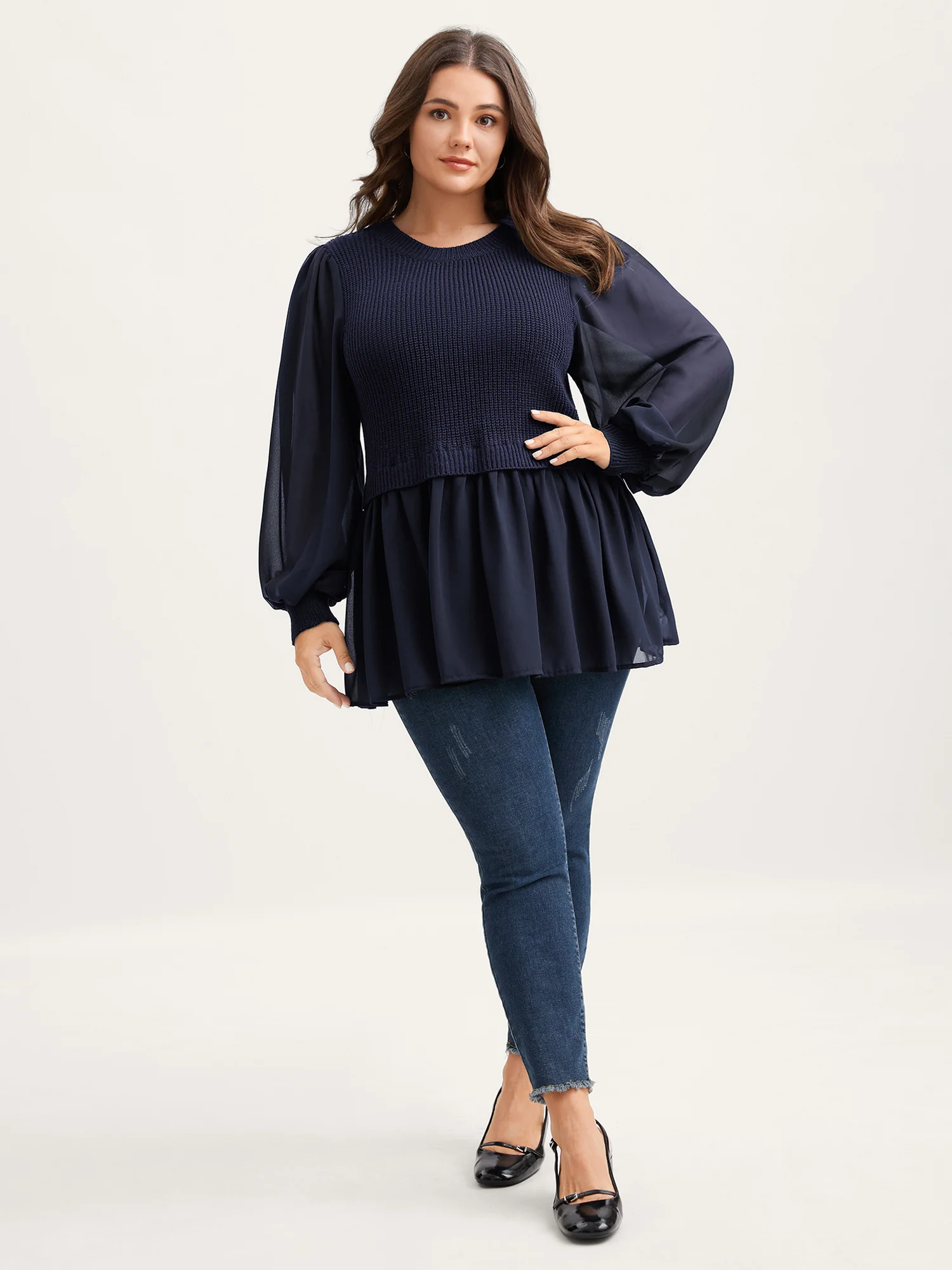 Balloon Sleeve Solid Twofer Sweater - Image 10