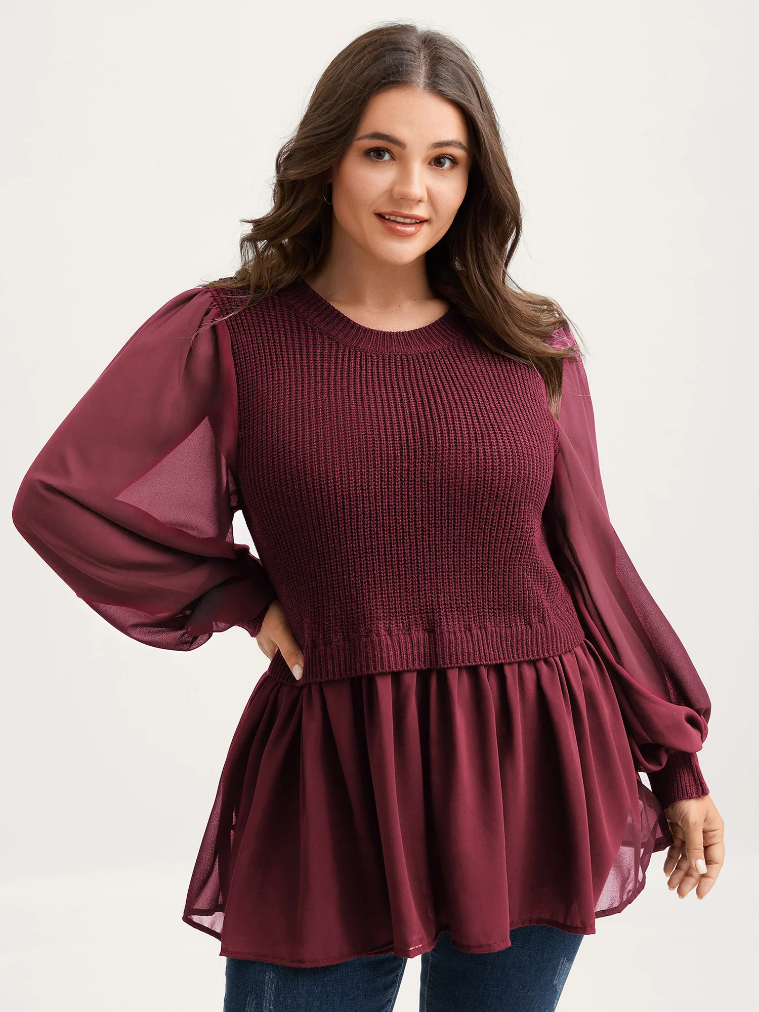 Balloon Sleeve Solid Twofer Sweater - Image 12