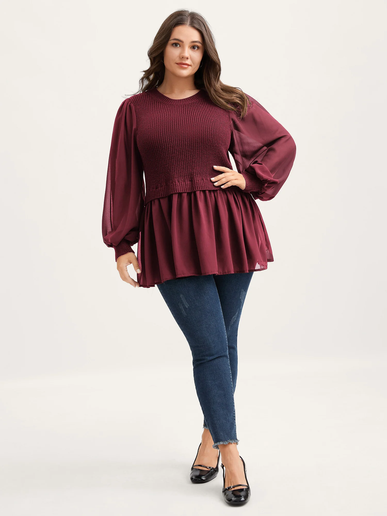 Balloon Sleeve Solid Twofer Sweater - Image 14