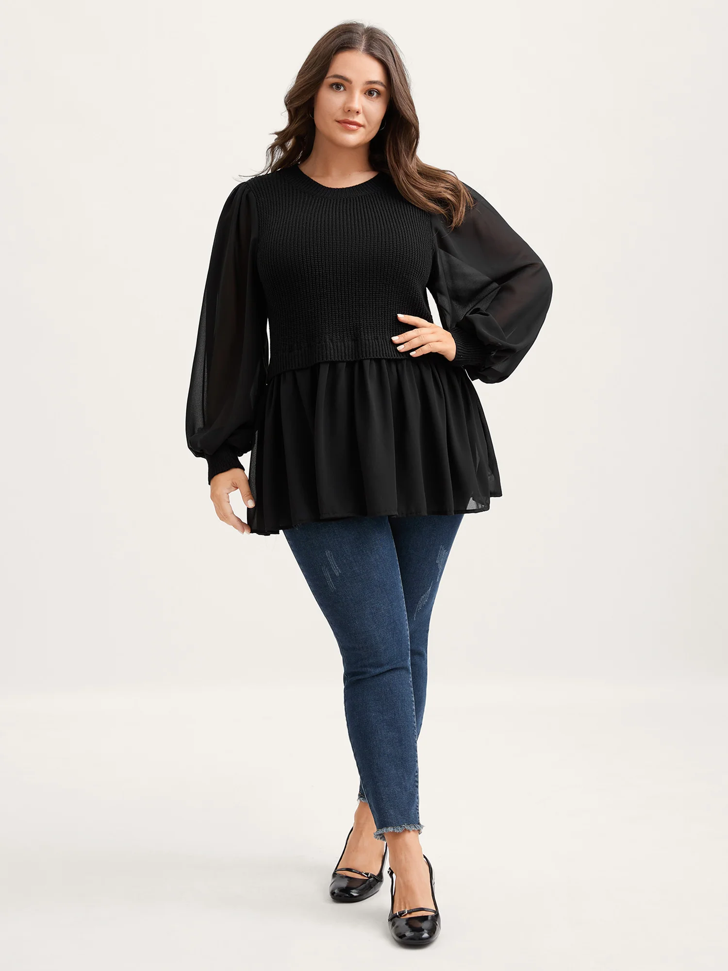 Balloon Sleeve Solid Twofer Sweater - Image 3