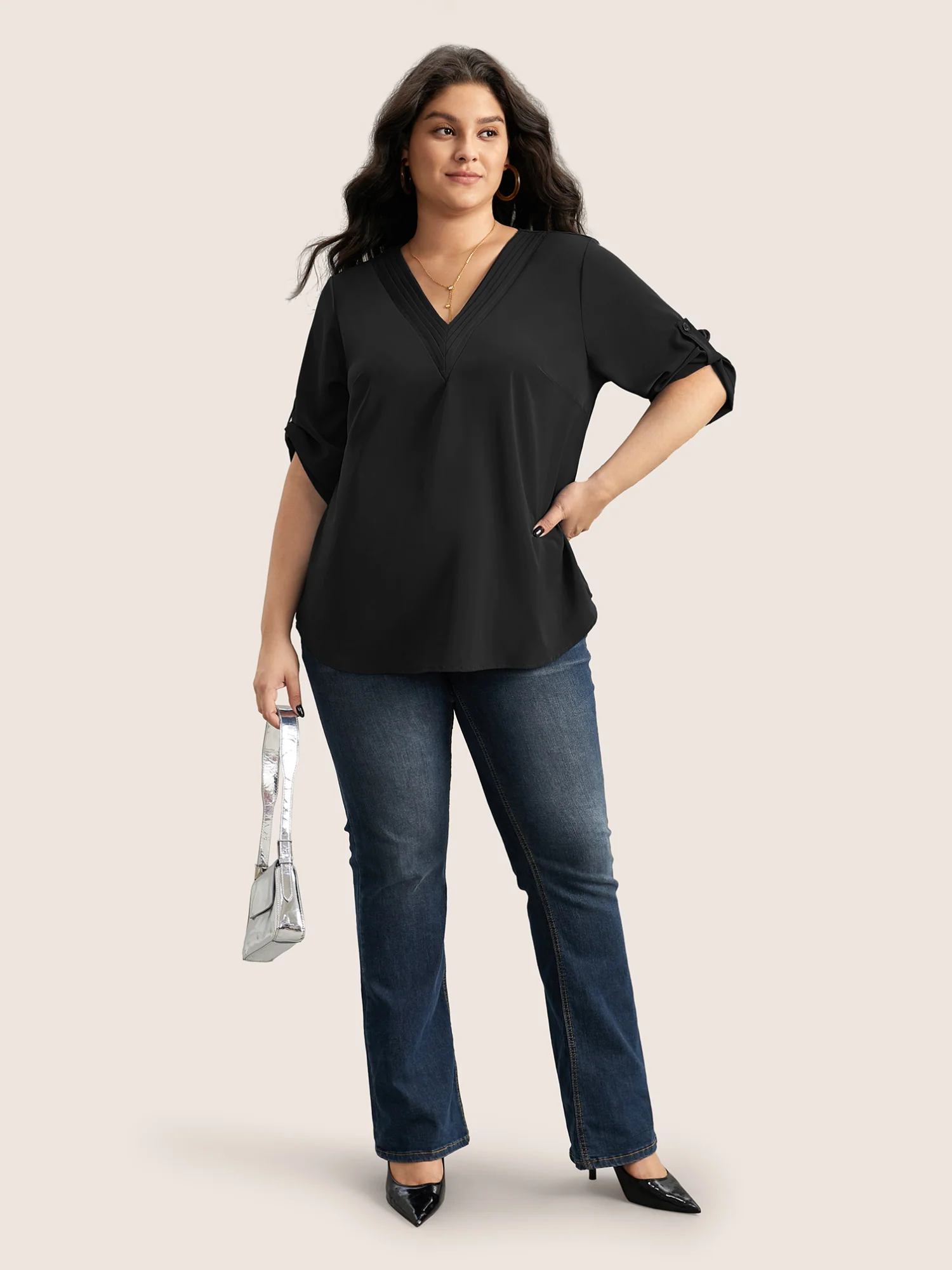 V Neck Plain Pleated Tab Sleeve Blouse - Image 3