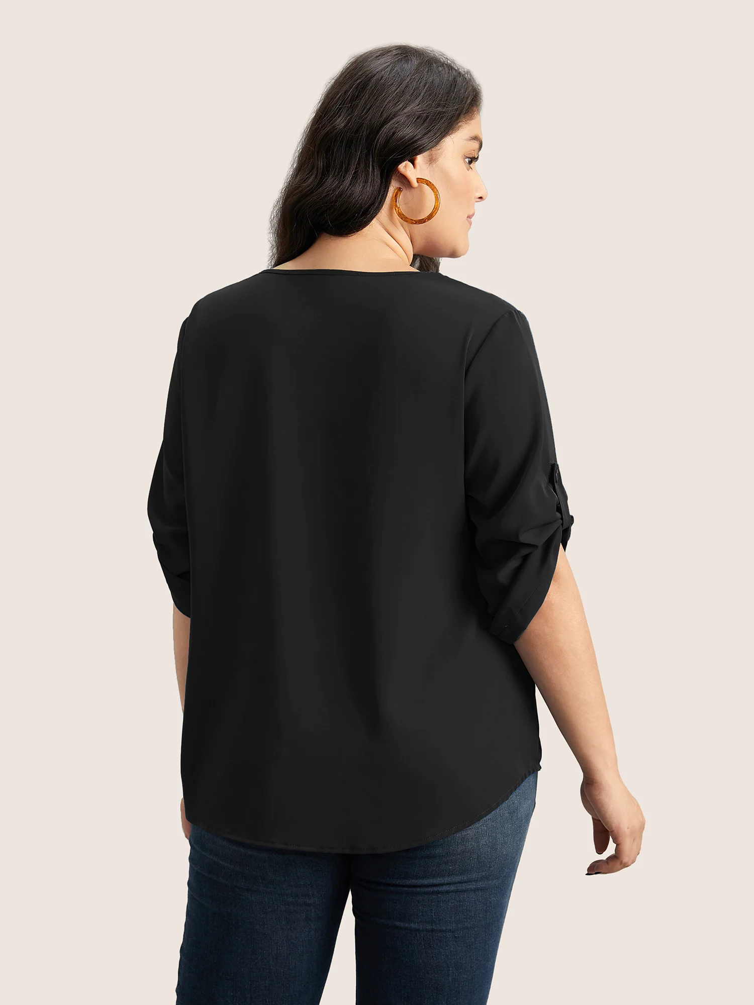 V Neck Plain Pleated Tab Sleeve Blouse - Image 4