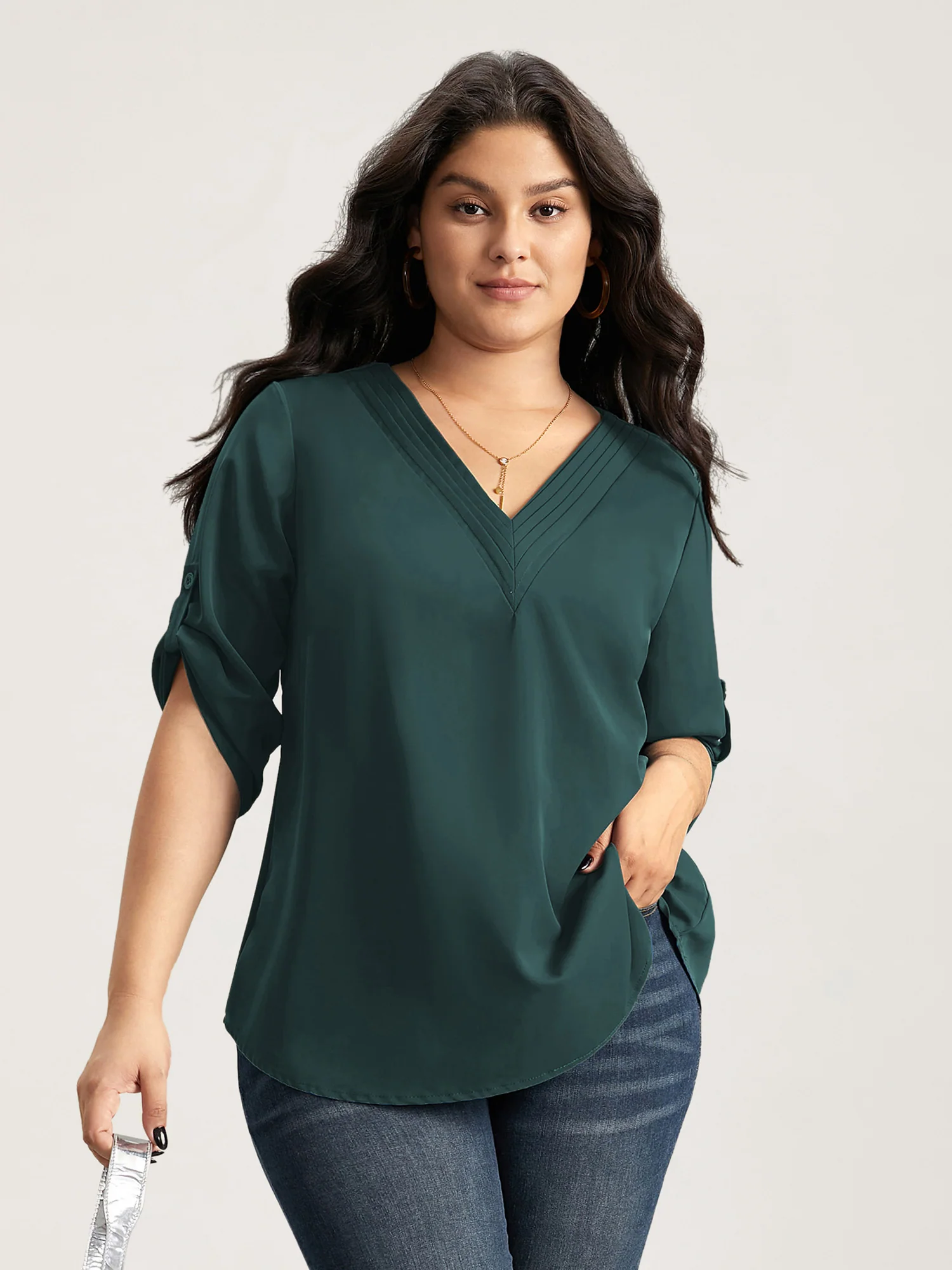 V Neck Plain Pleated Tab Sleeve Blouse - Image 5