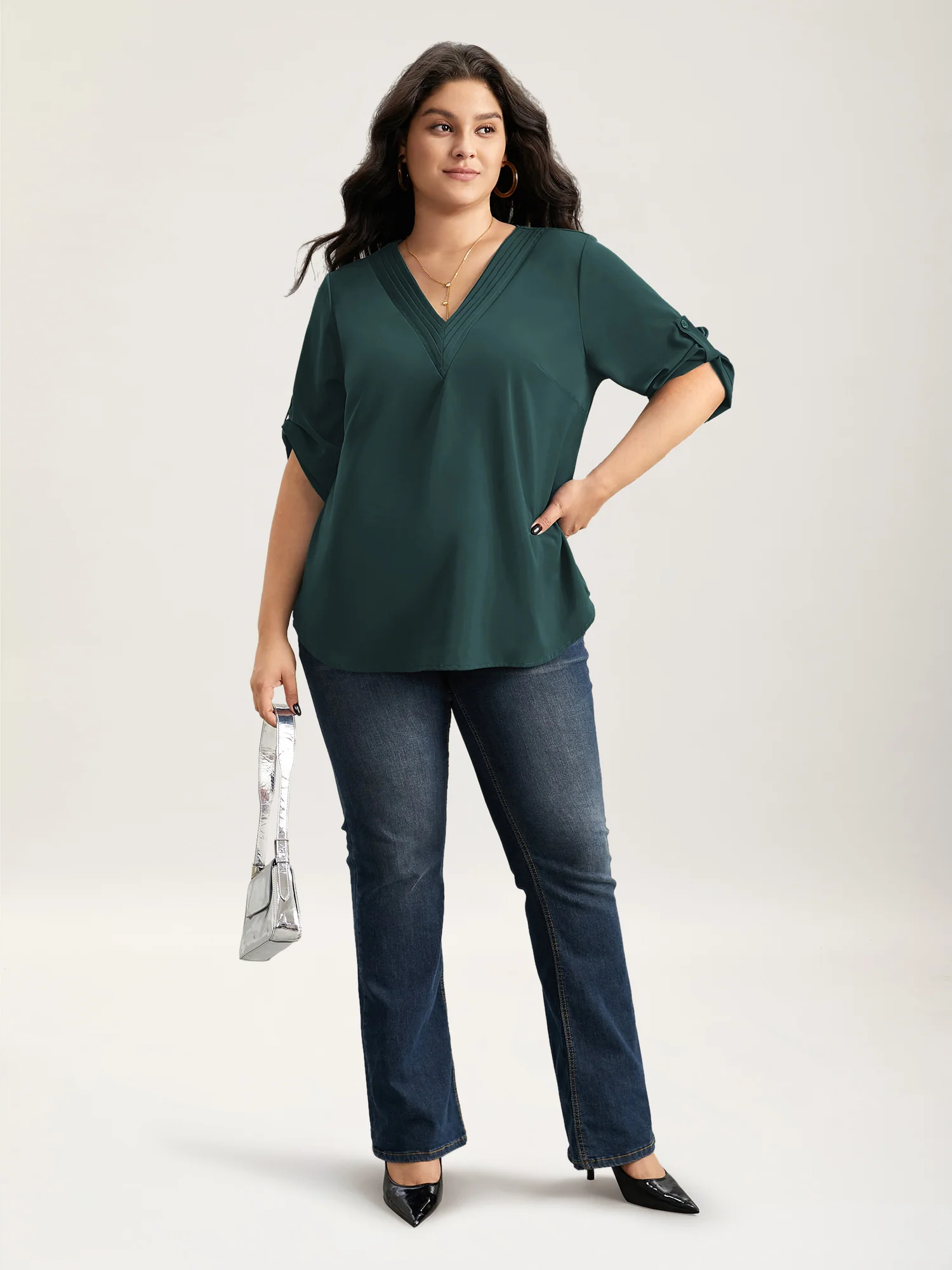 V Neck Plain Pleated Tab Sleeve Blouse - Image 6