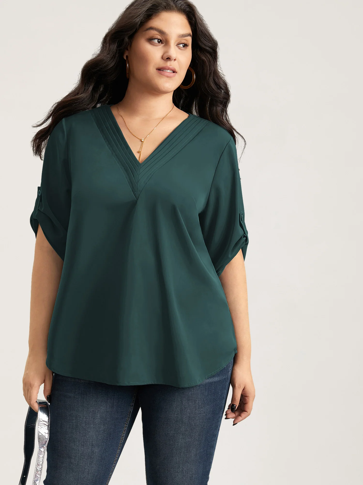 V Neck Plain Pleated Tab Sleeve Blouse - Image 7