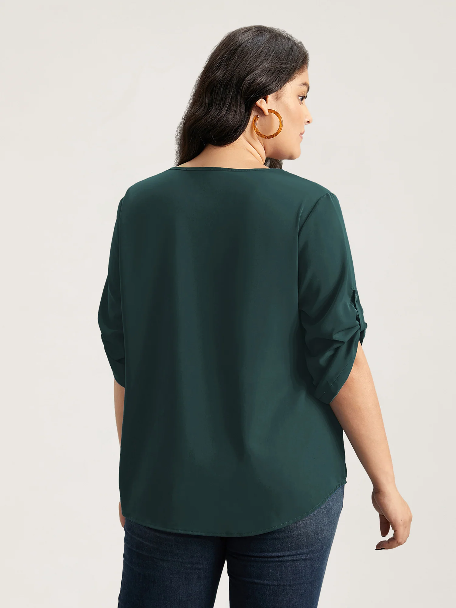 V Neck Plain Pleated Tab Sleeve Blouse - Image 8