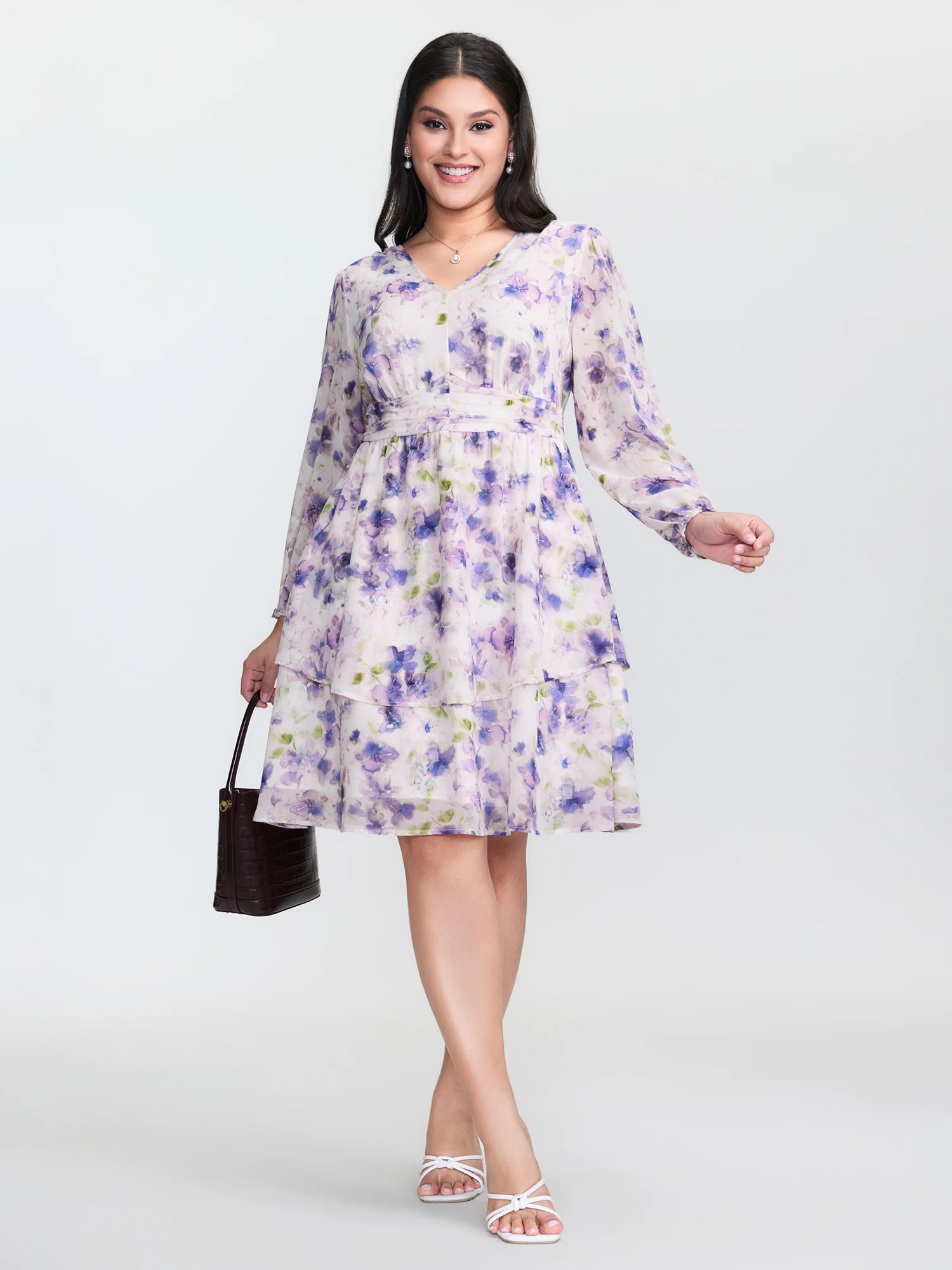 Artistic Floral Print Pleated Waist Mini Dress - Image 3