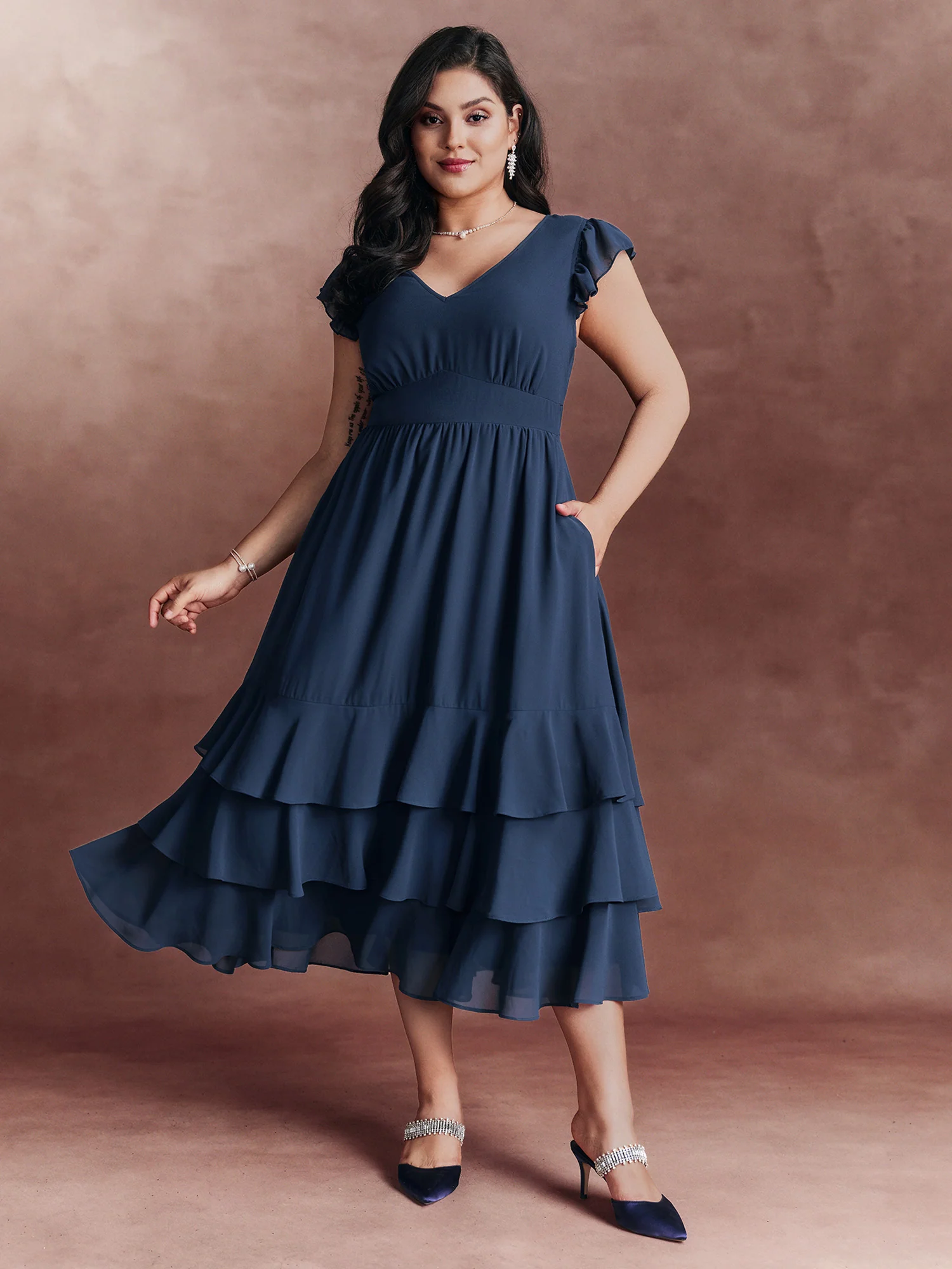 Backless Tie Layered Hem Flutter Sleeve Maxi Dress - Image 3