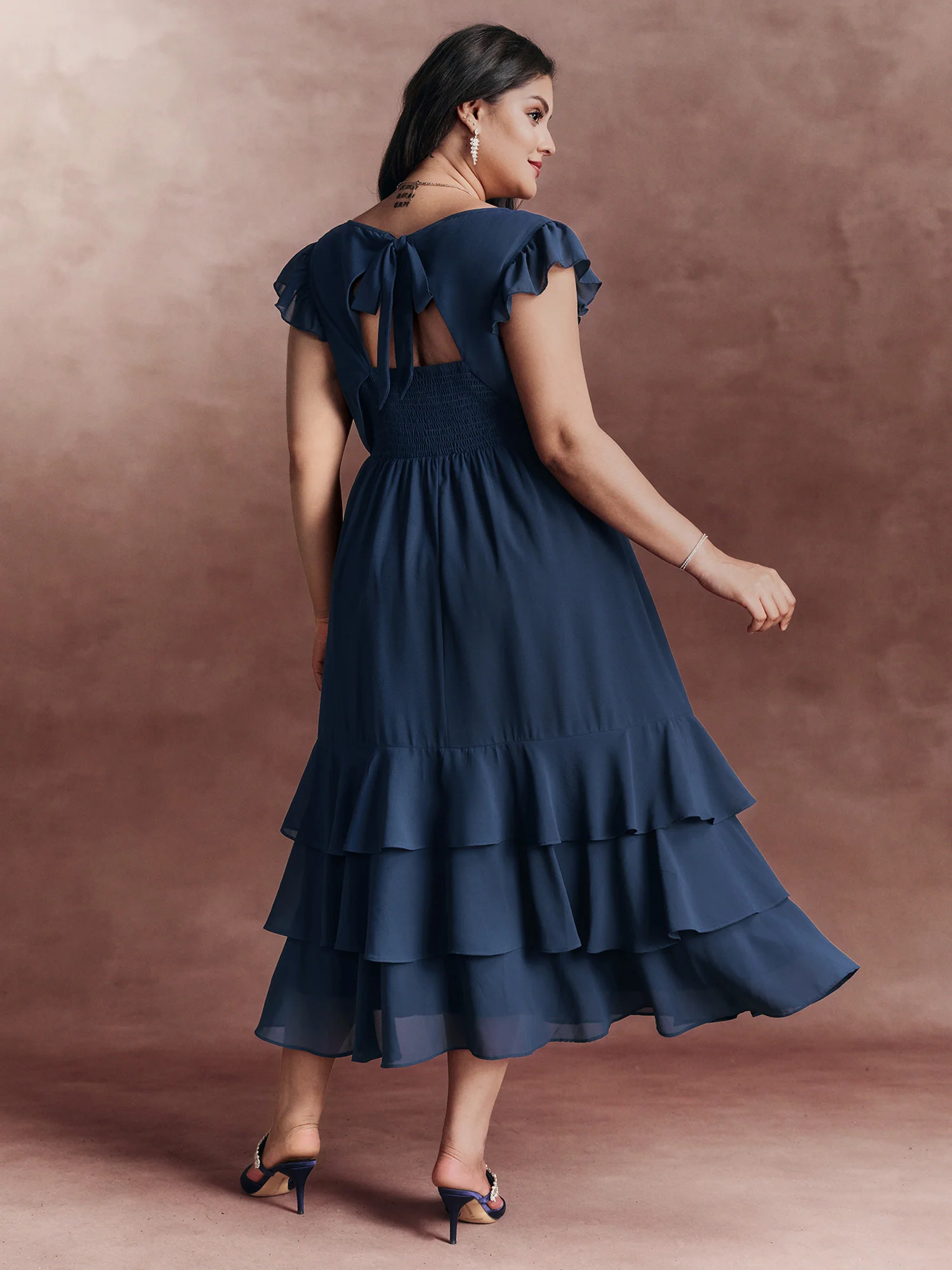 Backless Tie Layered Hem Flutter Sleeve Maxi Dress - Image 5