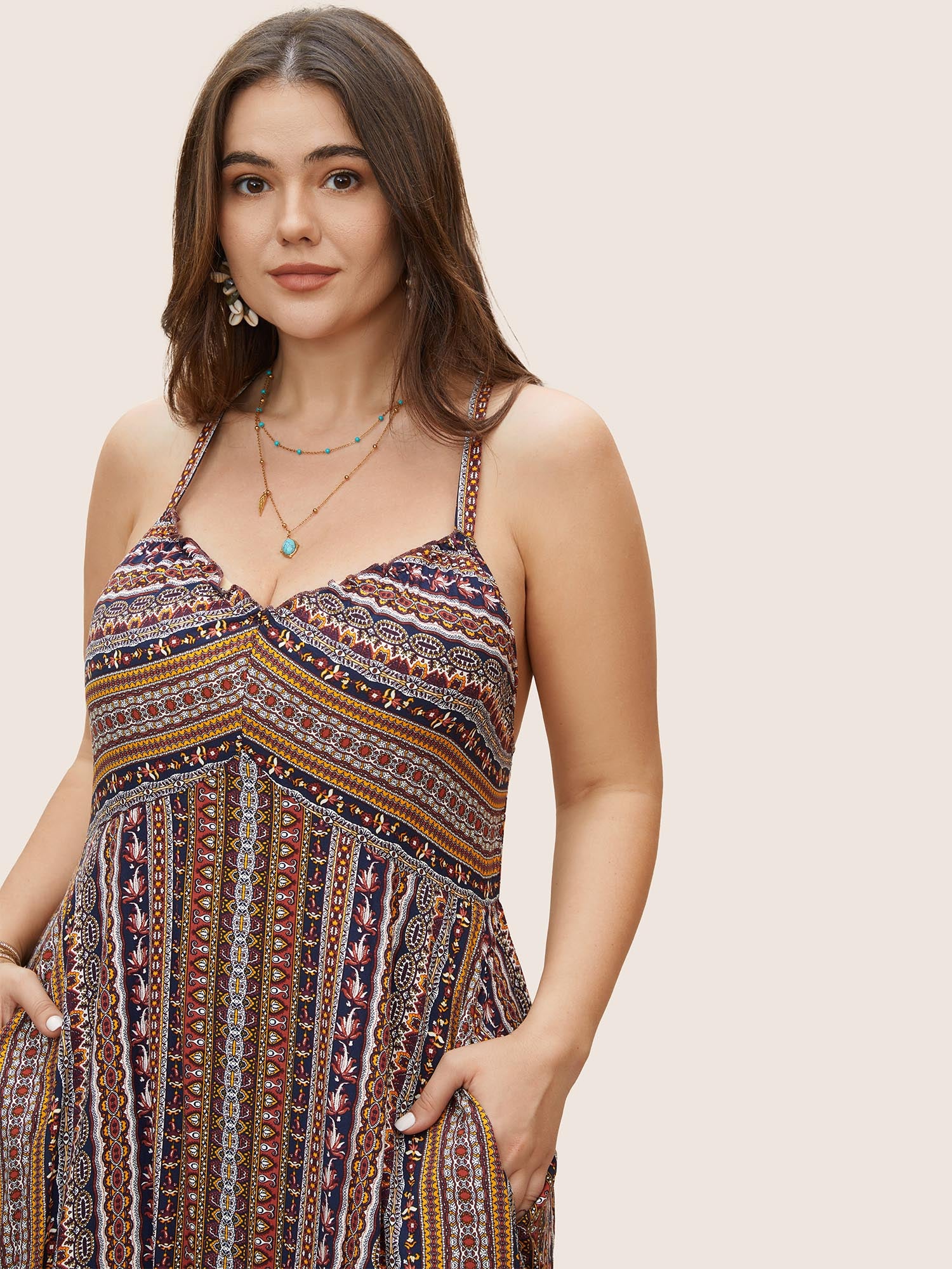 Boho Print Elastic Waist Split Hem Cami Dress - Image 3