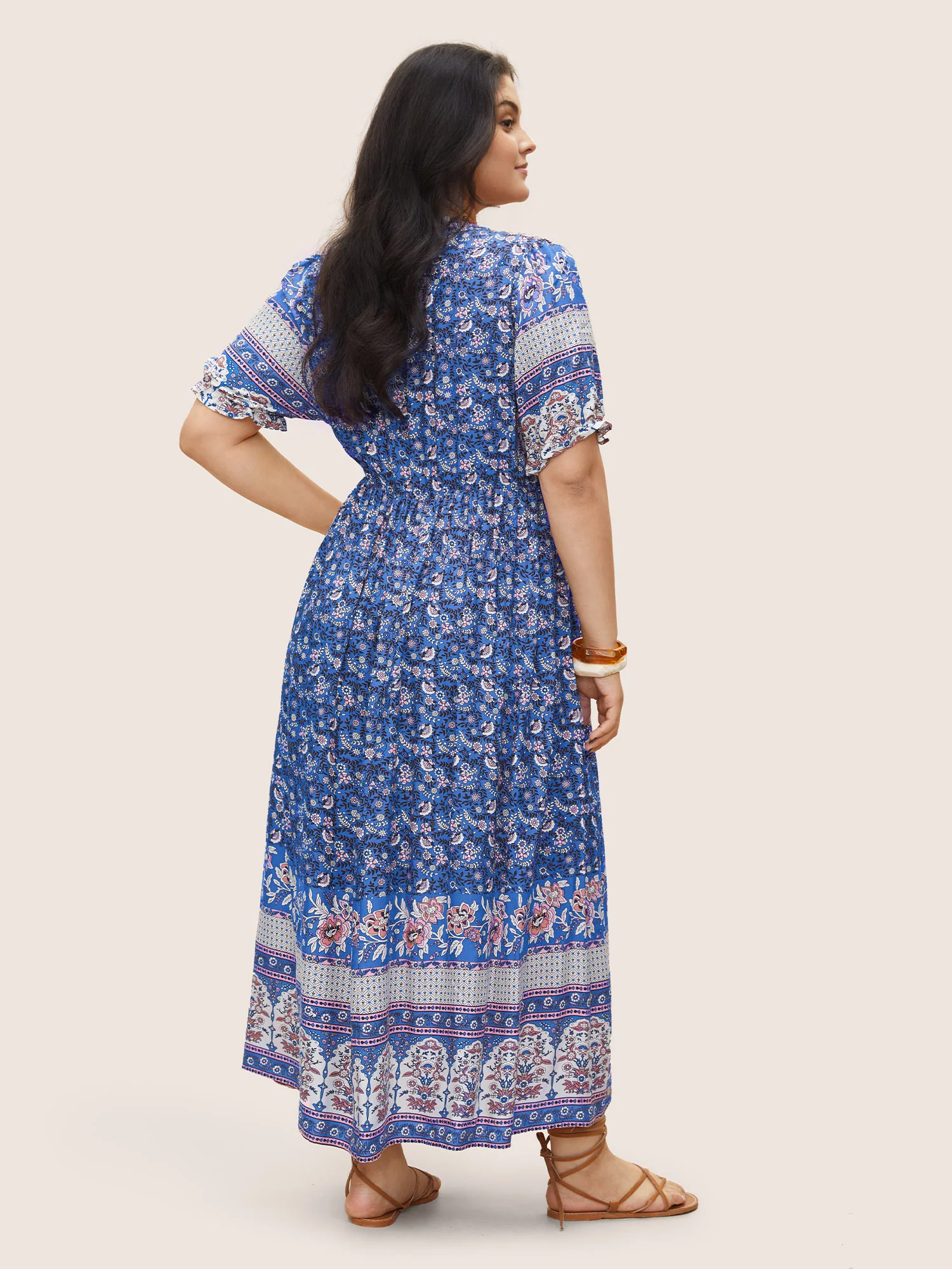 Boho Print Notched Ties Tassel Trim Dress - Image 3