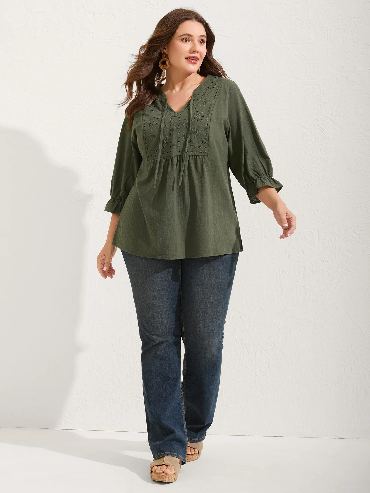 Broderie Anglaise Tie Knot Lantern Sleeve Blouse - Image 3