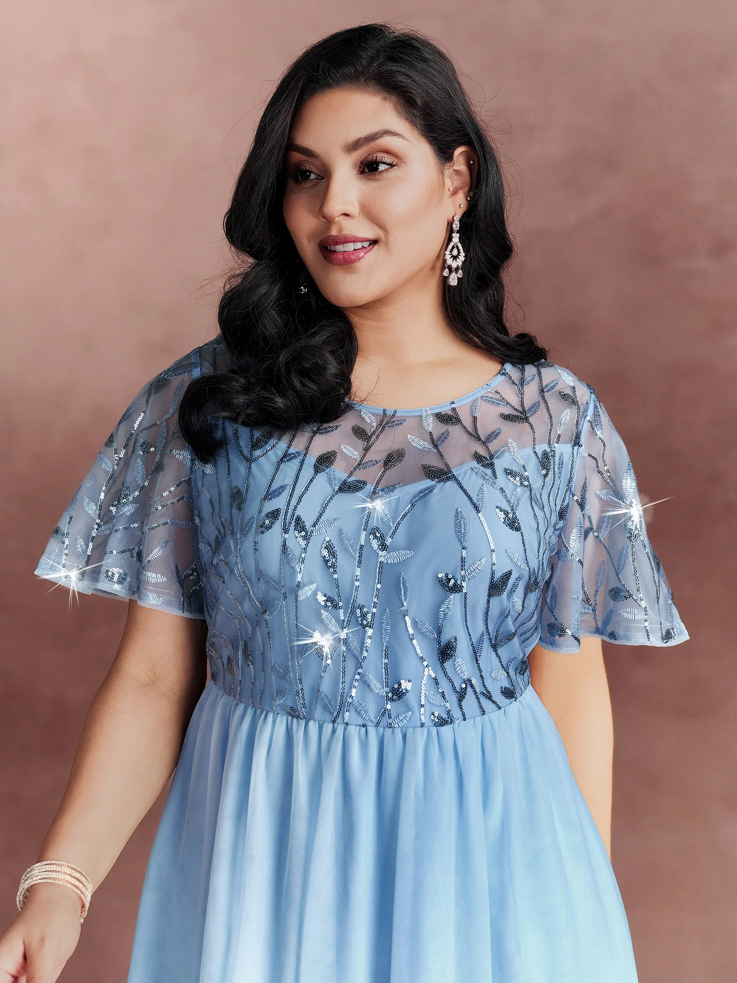 Chiffon Sequin Mesh Embroidered Round Neck Midi Dress - Image 3