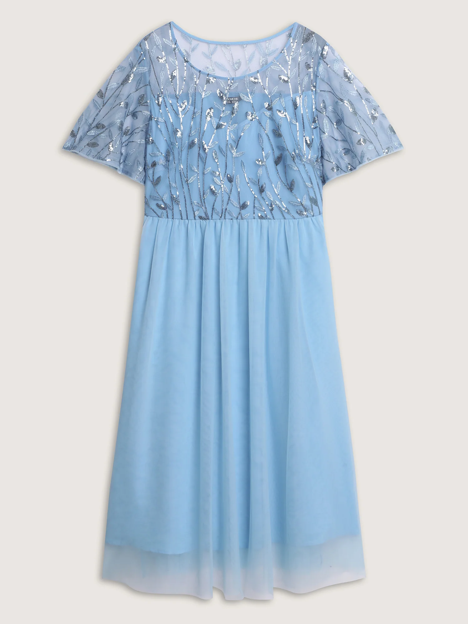 Chiffon Sequin Mesh Embroidered Round Neck Midi Dress - Image 5