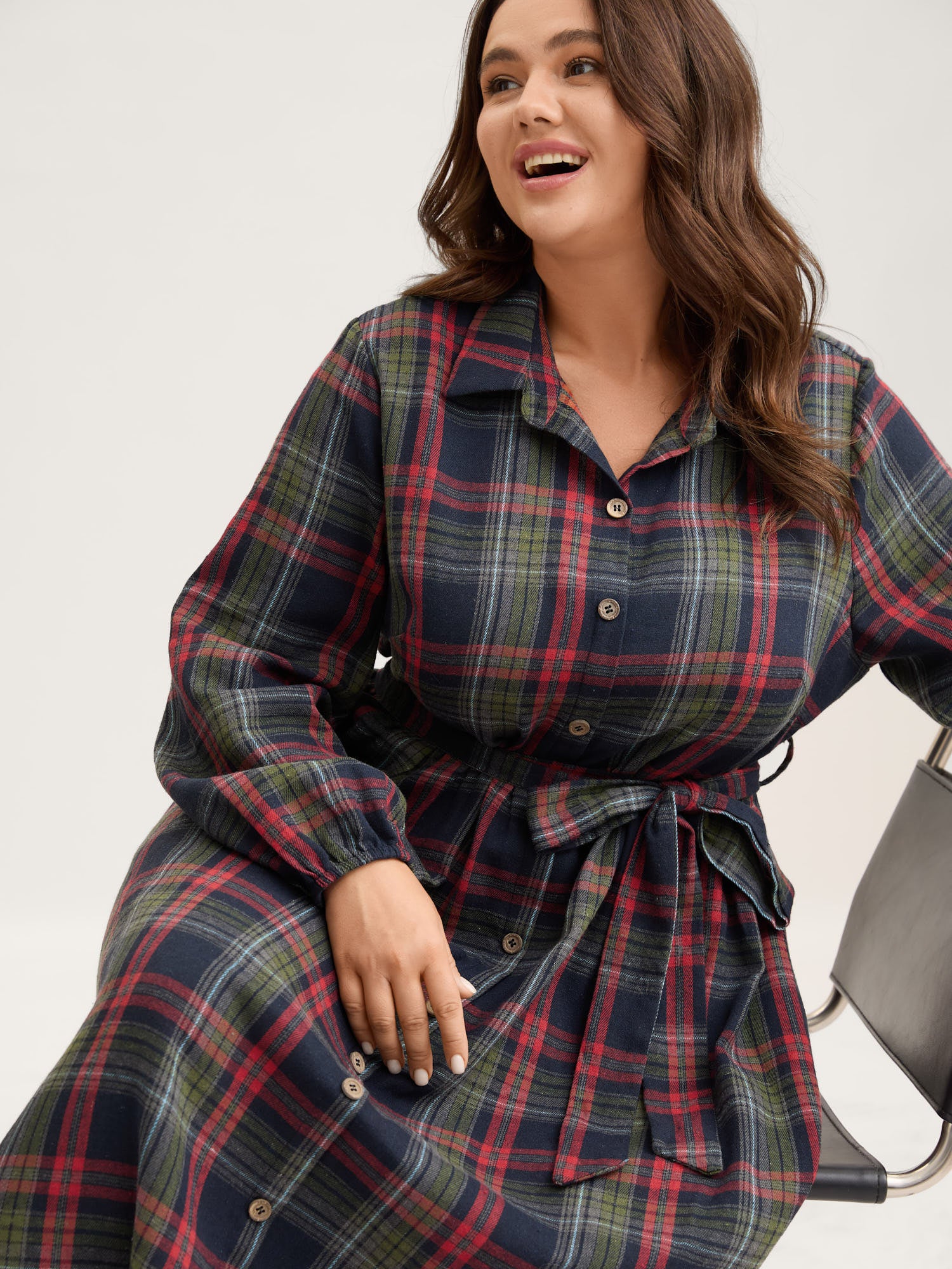 Plaid Button Detail Pocket Belted Arc Hem Dress - Image 11