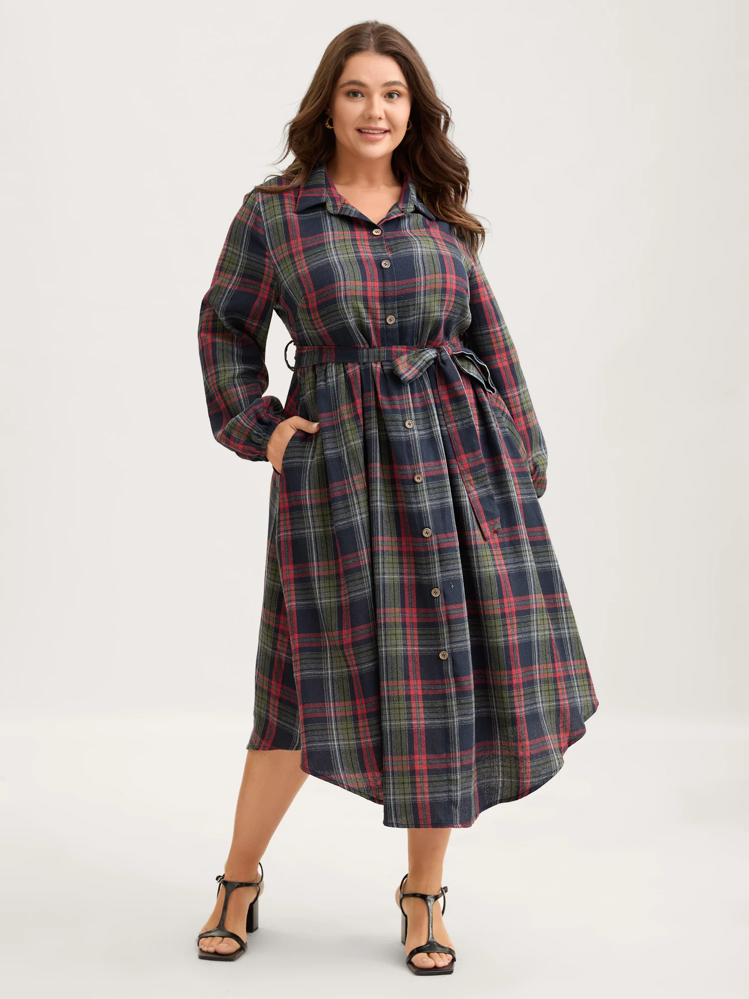 Plaid Button Detail Pocket Belted Arc Hem Dress - Image 12