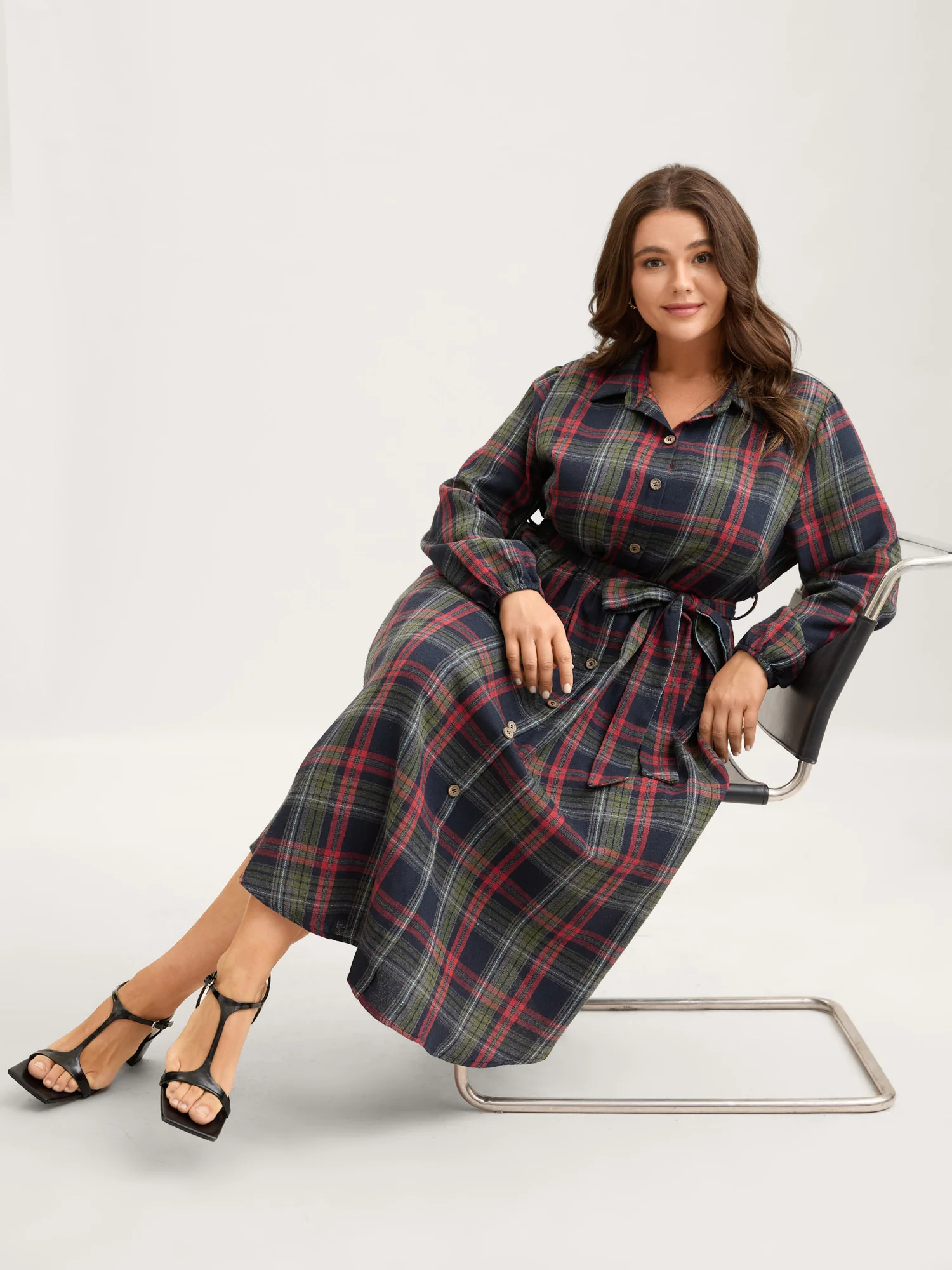 Plaid Button Detail Pocket Belted Arc Hem Dress - Image 13