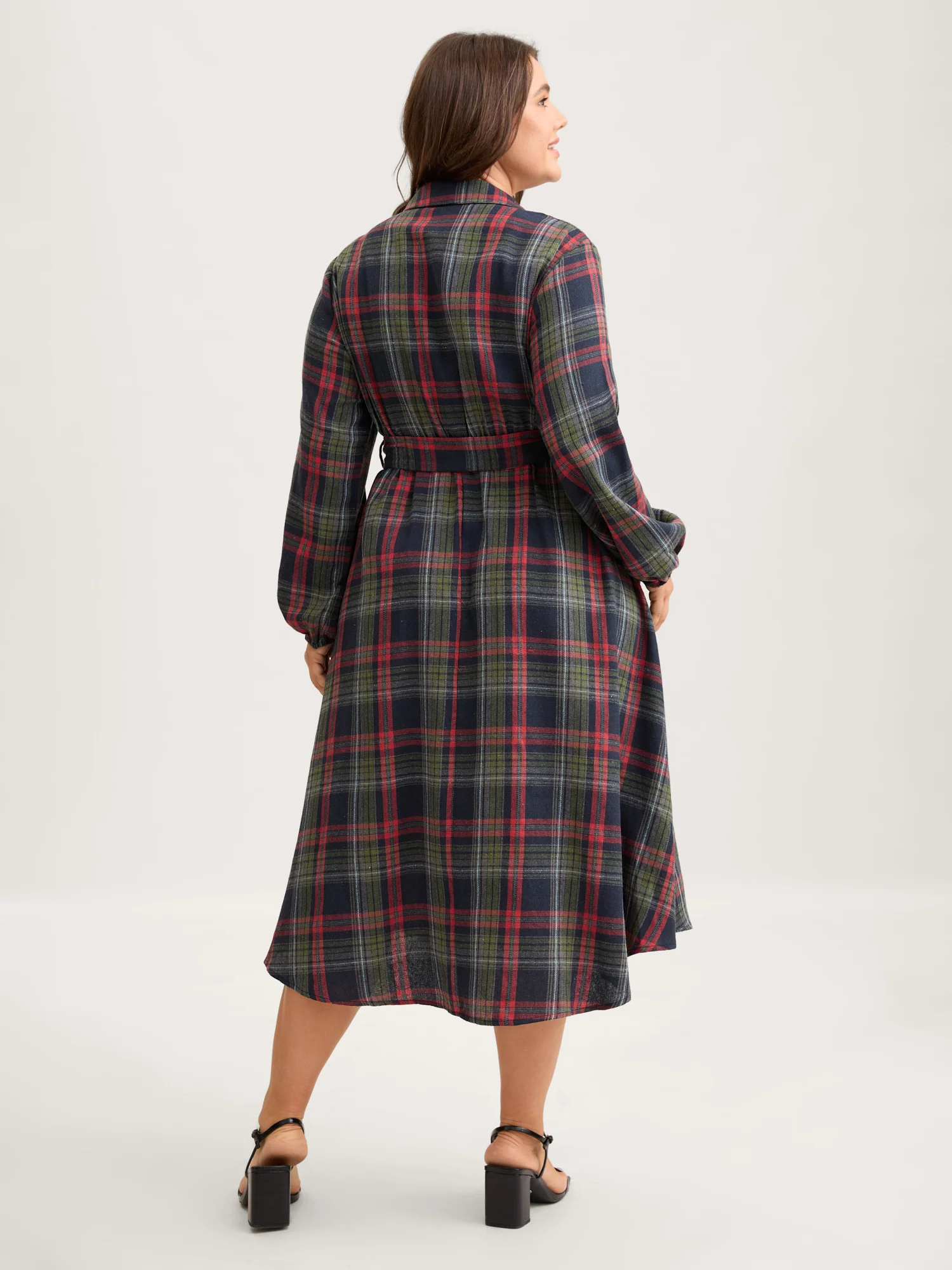Plaid Button Detail Pocket Belted Arc Hem Dress - Image 14