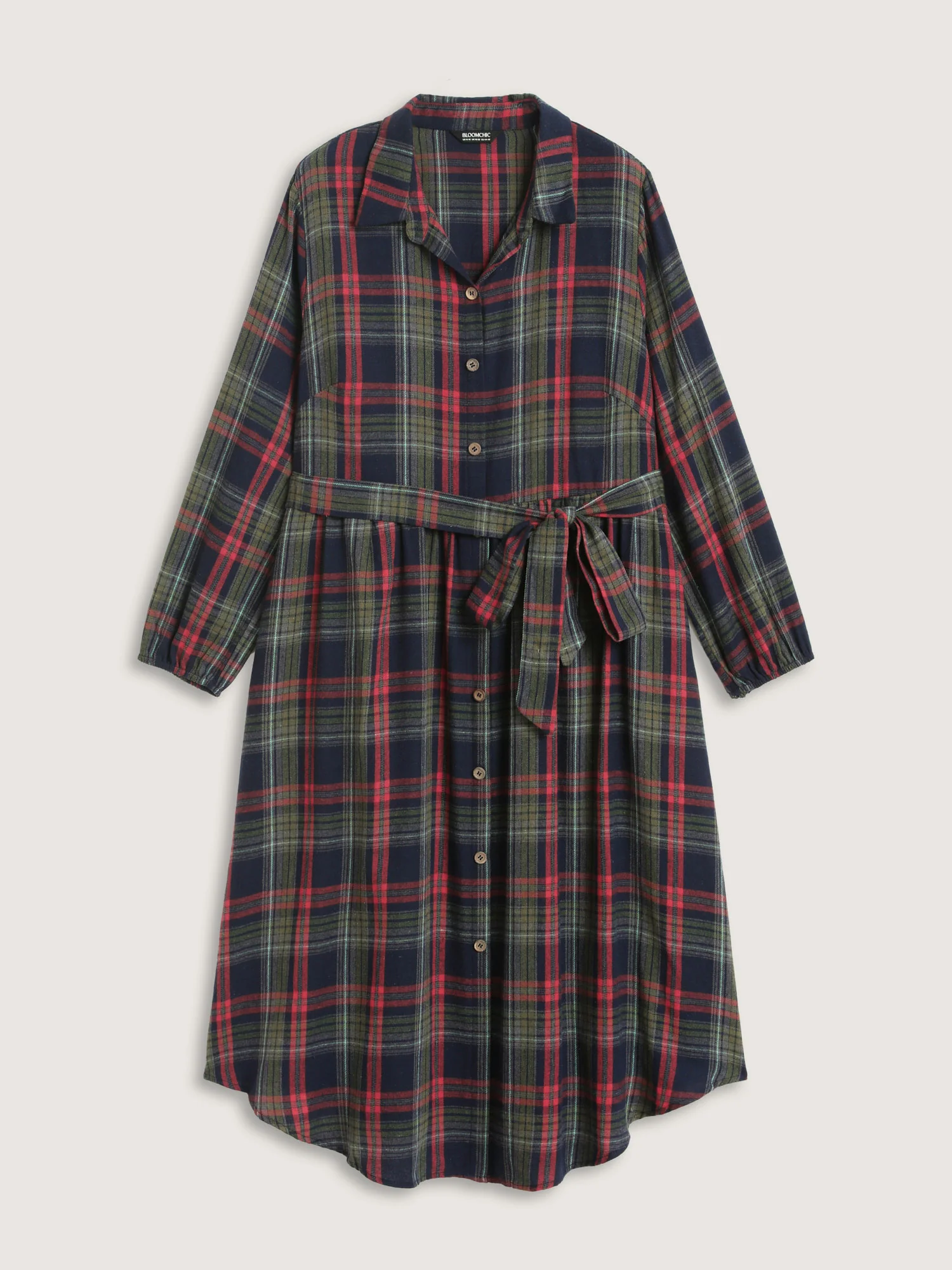 Plaid Button Detail Pocket Belted Arc Hem Dress - Image 15