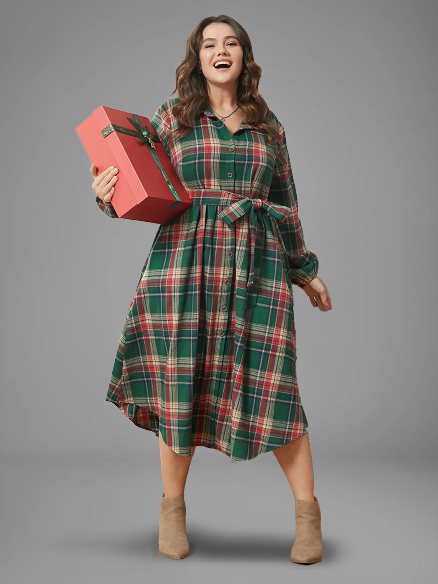 Plaid Button Detail Pocket Belted Arc Hem Dress - Image 3