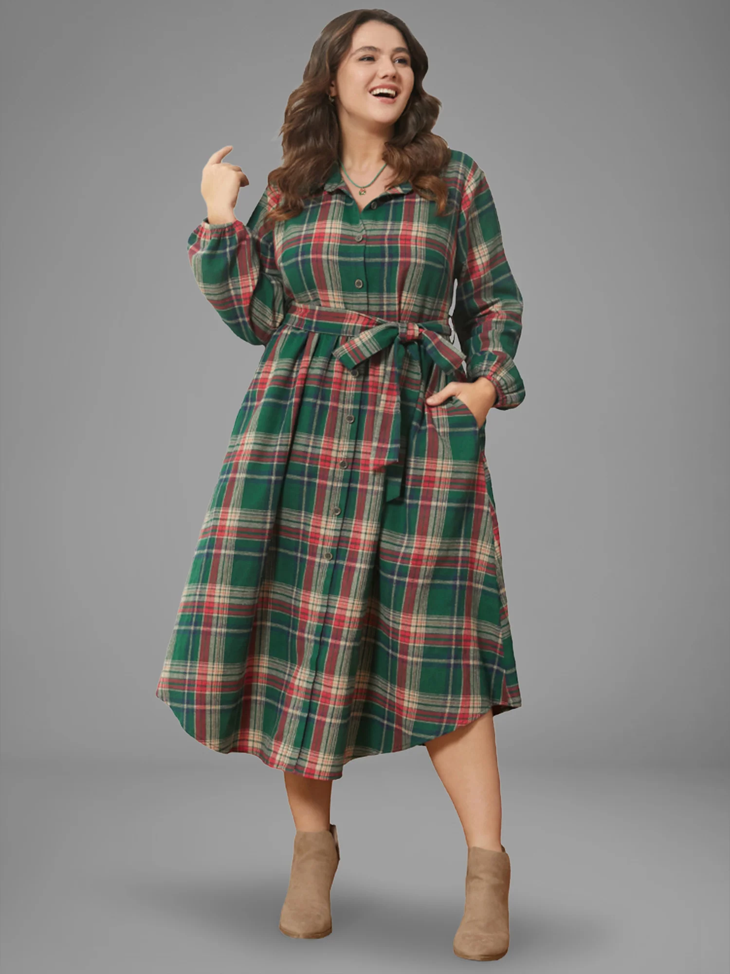 Plaid Button Detail Pocket Belted Arc Hem Dress - Image 4