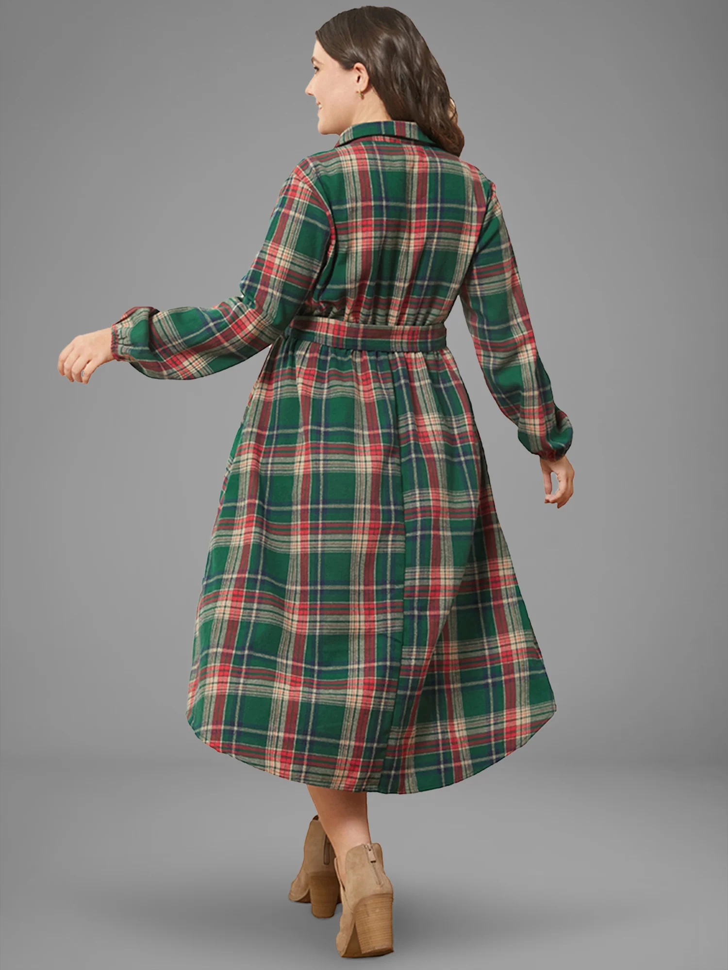 Plaid Button Detail Pocket Belted Arc Hem Dress - Image 5