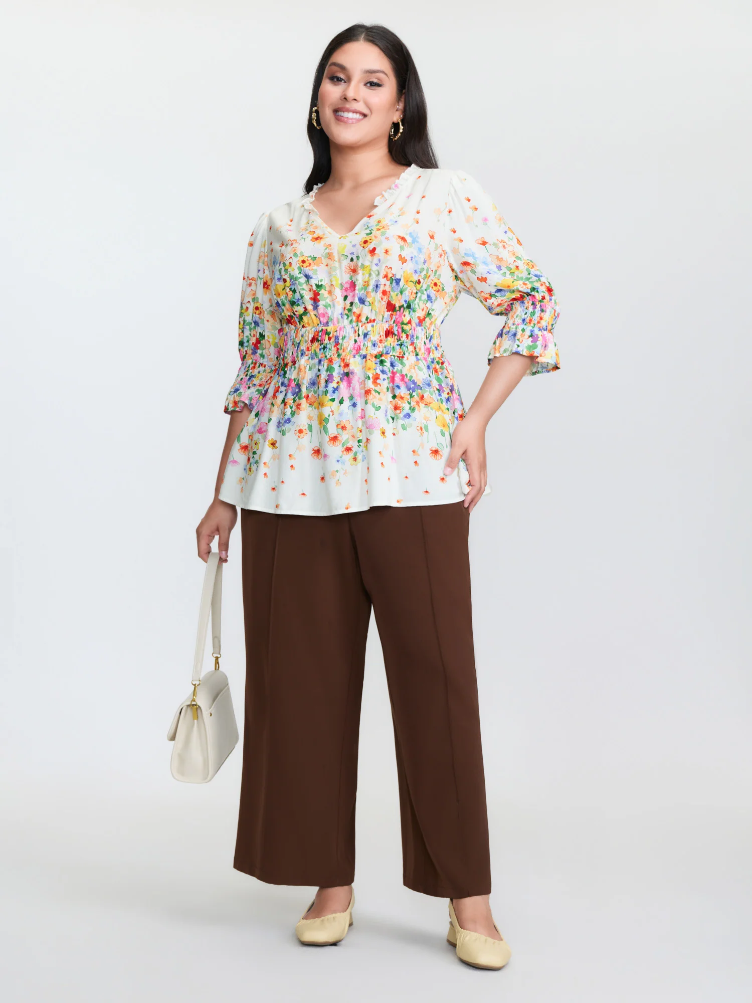 Colorful Floral Print Shirred Bodice Blouse - Image 3