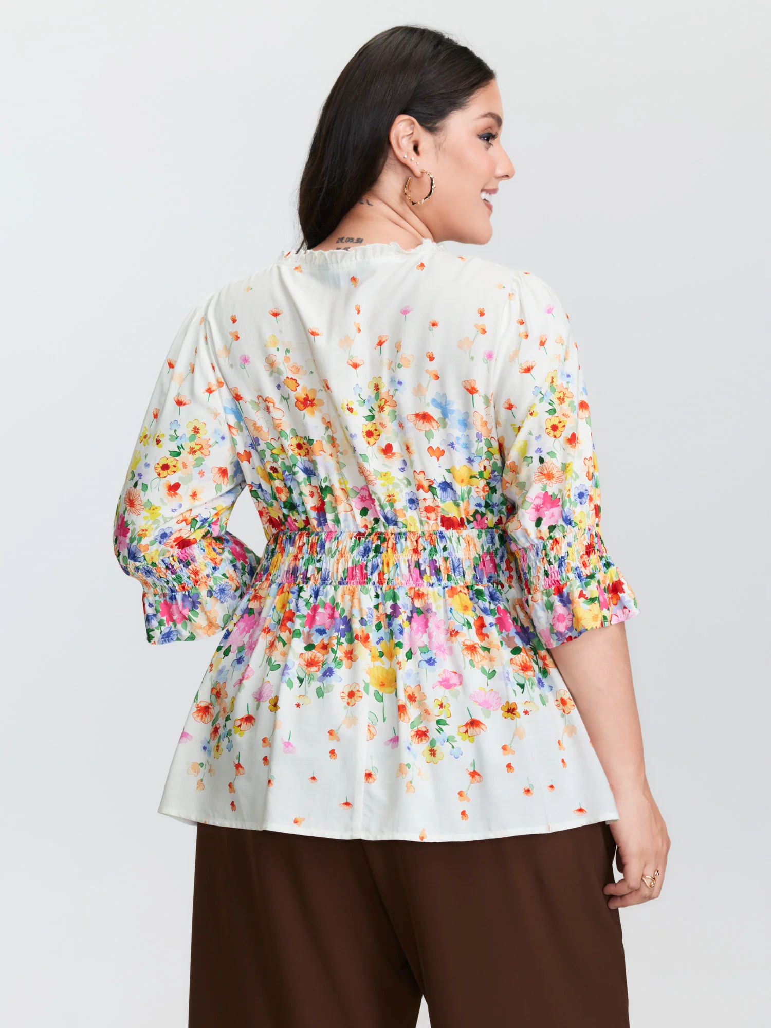Colorful Floral Print Shirred Bodice Blouse - Image 4