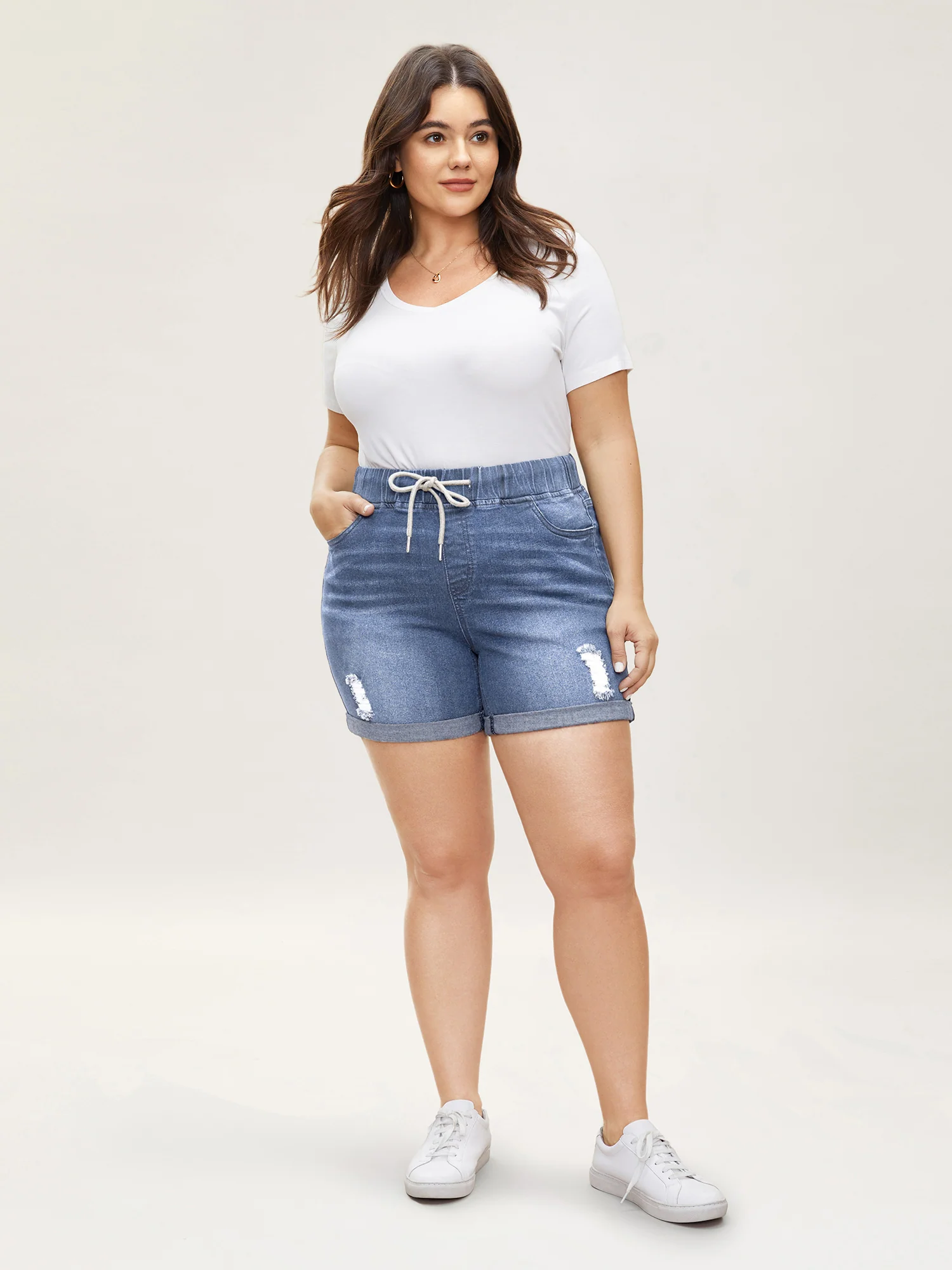 Pull-On Drawstring Elastic Waist Denim Shorts - Image 3