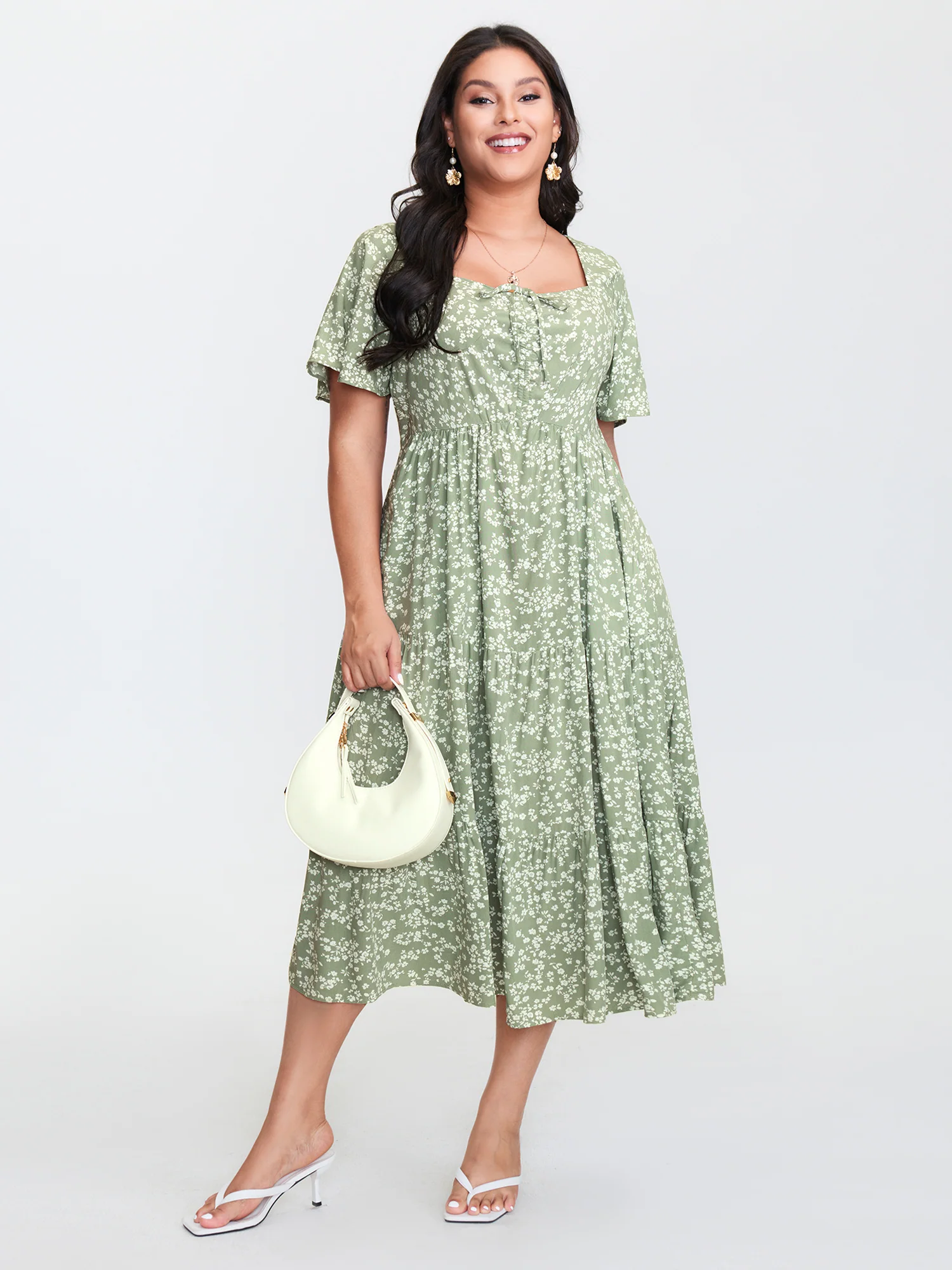 Ditsy Floral Sweetheart Drawstring Pocket Tiered Dress - Image 15