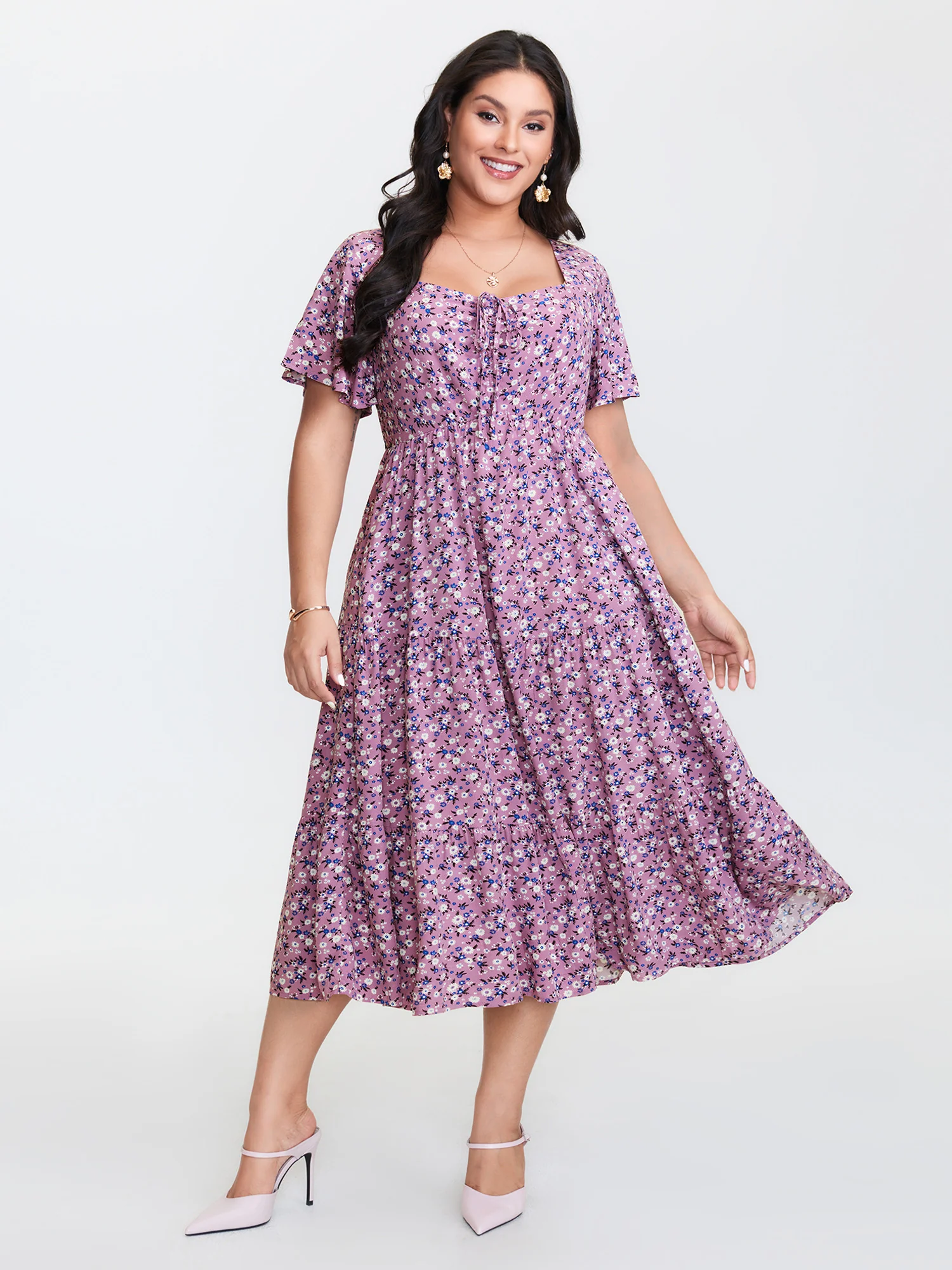 Ditsy Floral Sweetheart Drawstring Pocket Tiered Dress - Image 21