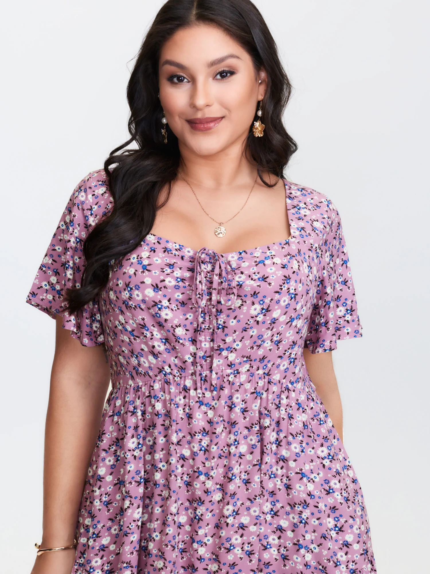 Ditsy Floral Sweetheart Drawstring Pocket Tiered Dress - Image 22
