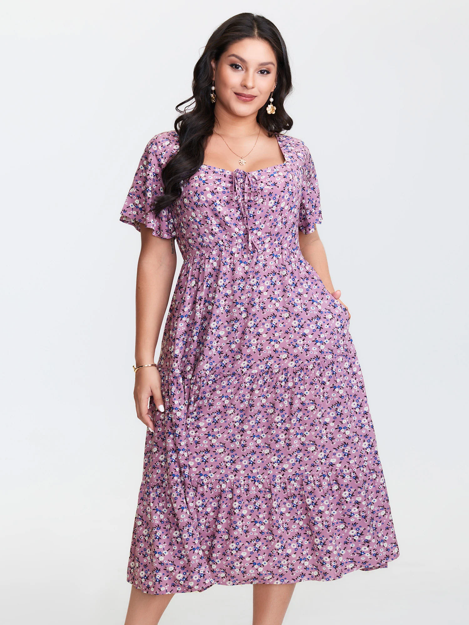 Ditsy Floral Sweetheart Drawstring Pocket Tiered Dress - Image 23