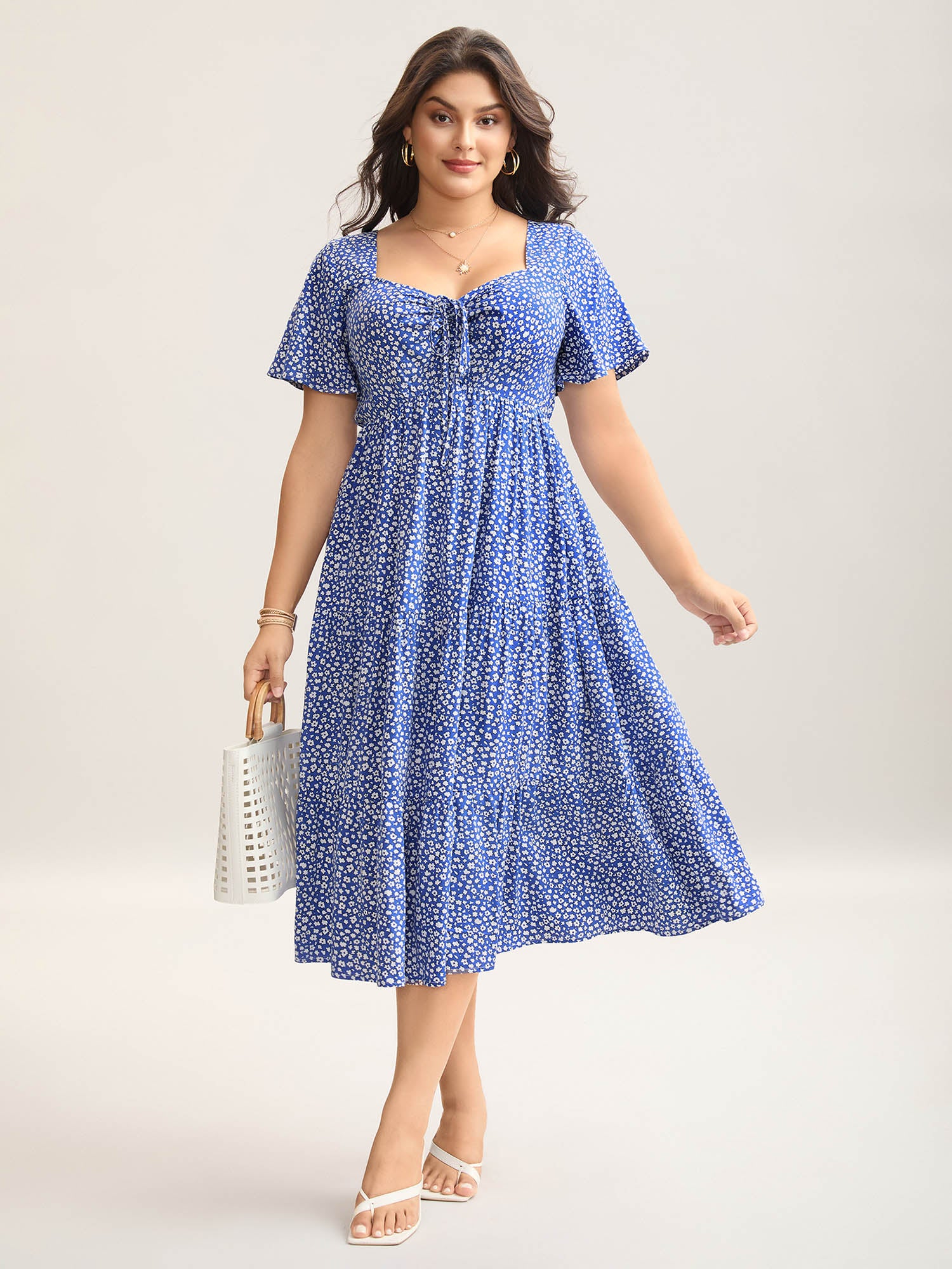 Ditsy Floral Sweetheart Drawstring Pocket Tiered Dress - Image 5