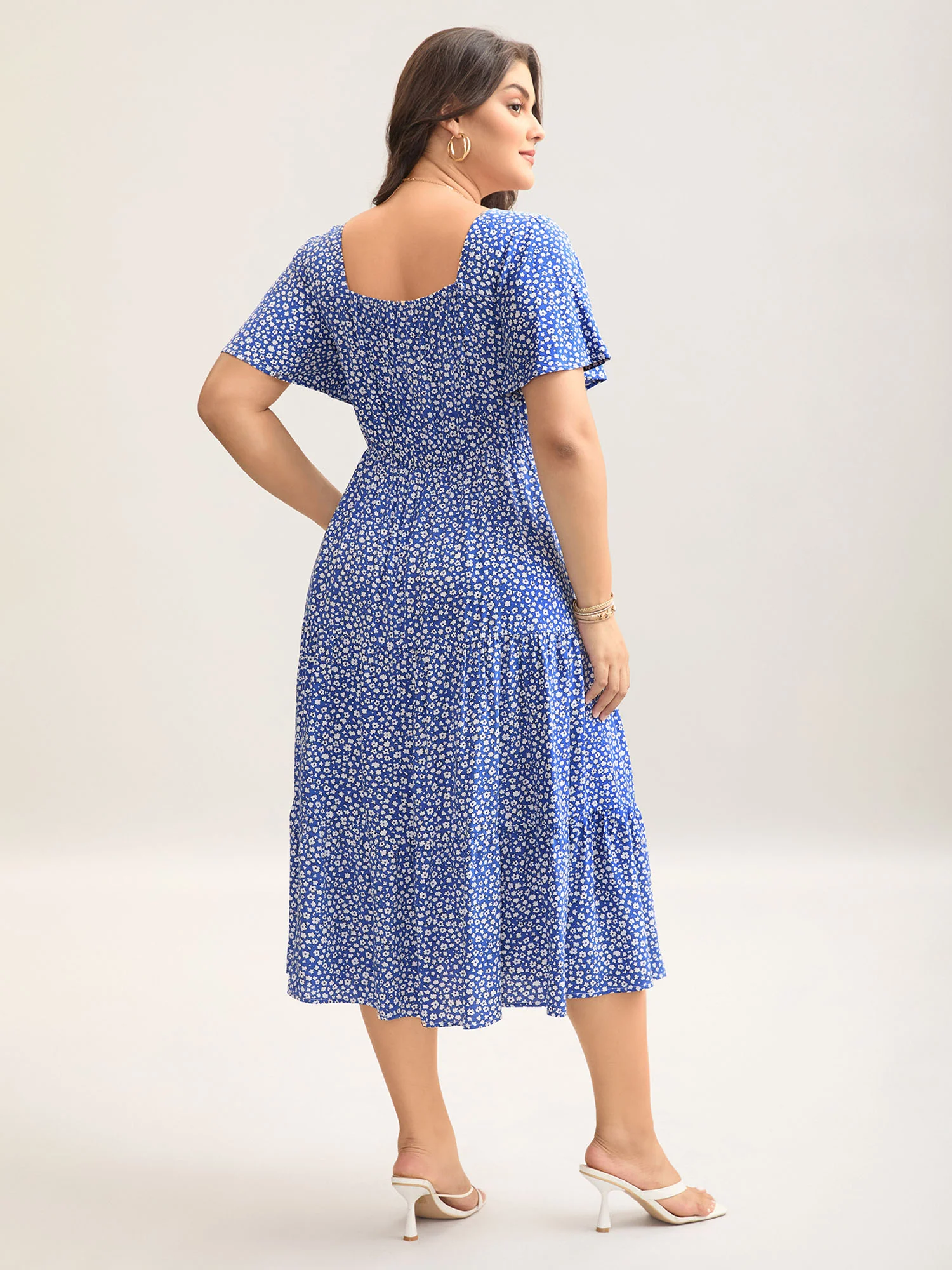 Ditsy Floral Sweetheart Drawstring Pocket Tiered Dress - Image 8