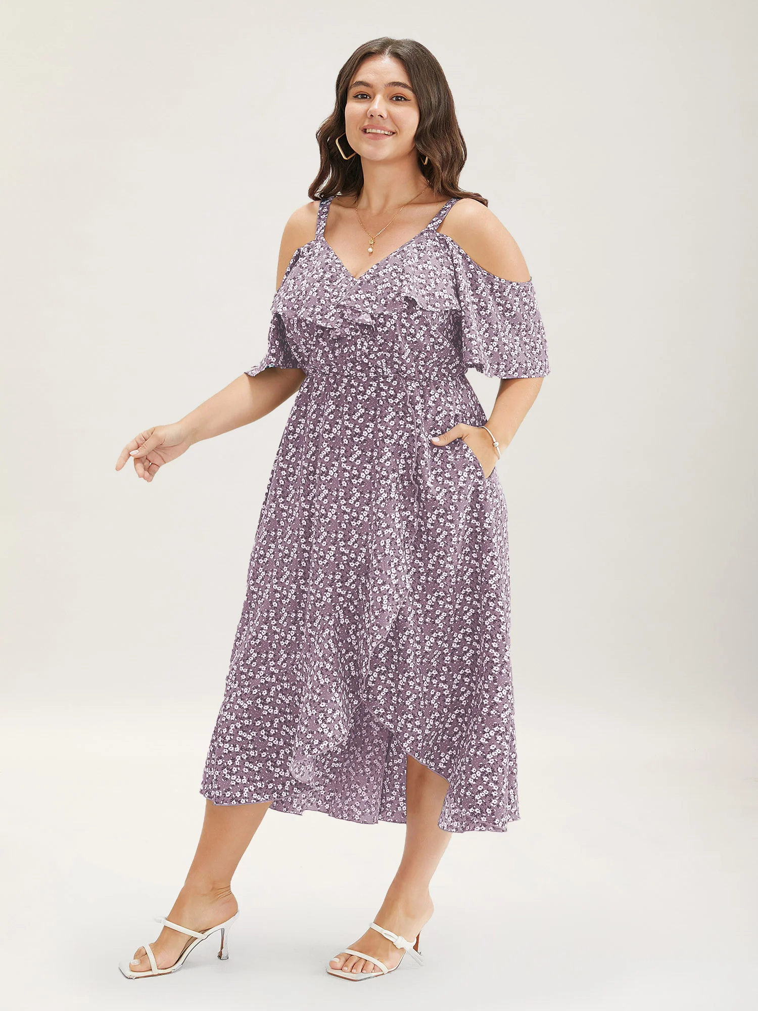 Ditsy Floral Pocket Wrap Cold Shoulder Ruffle Dress - Image 3