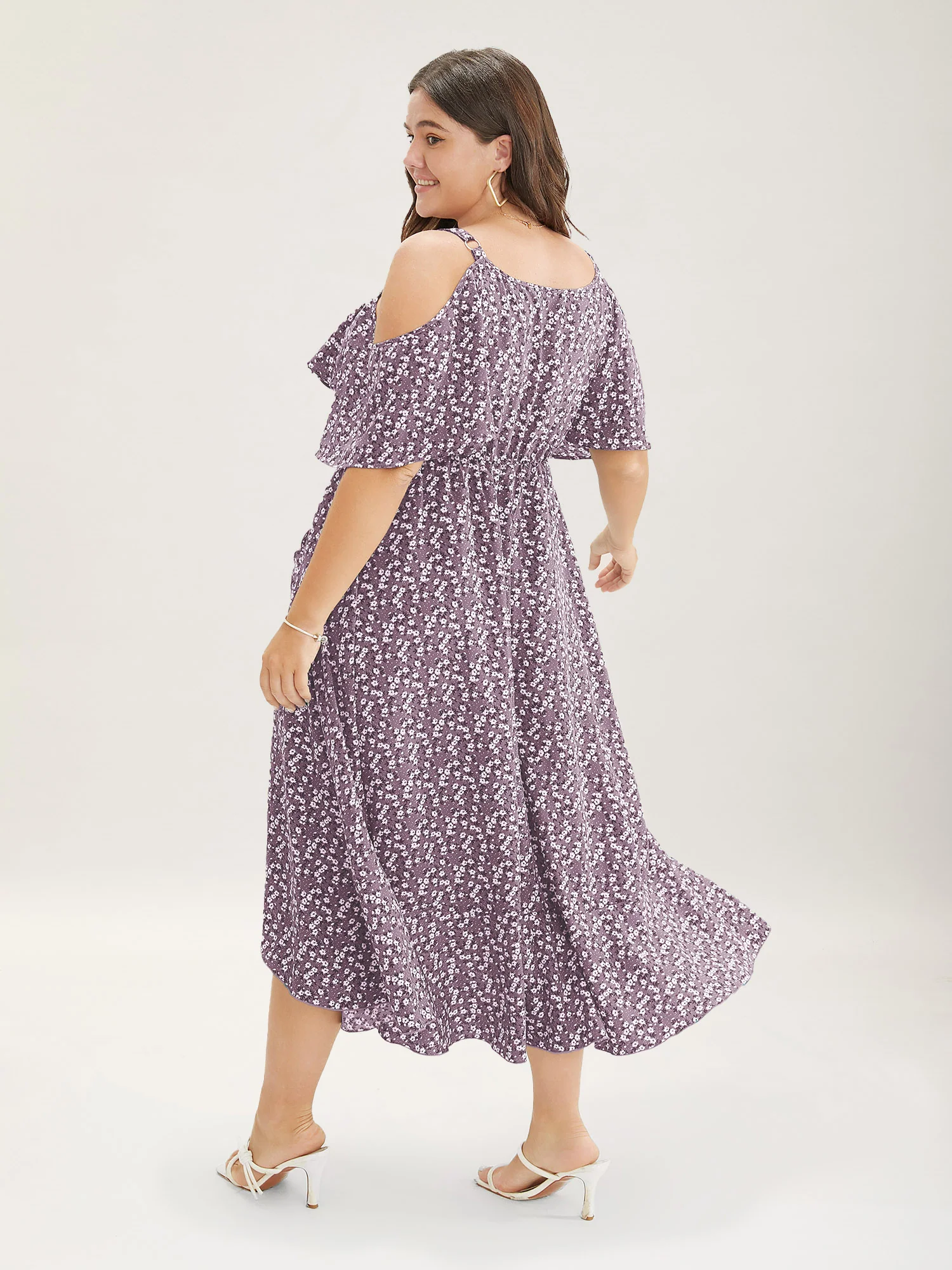 Ditsy Floral Pocket Wrap Cold Shoulder Ruffle Dress - Image 4