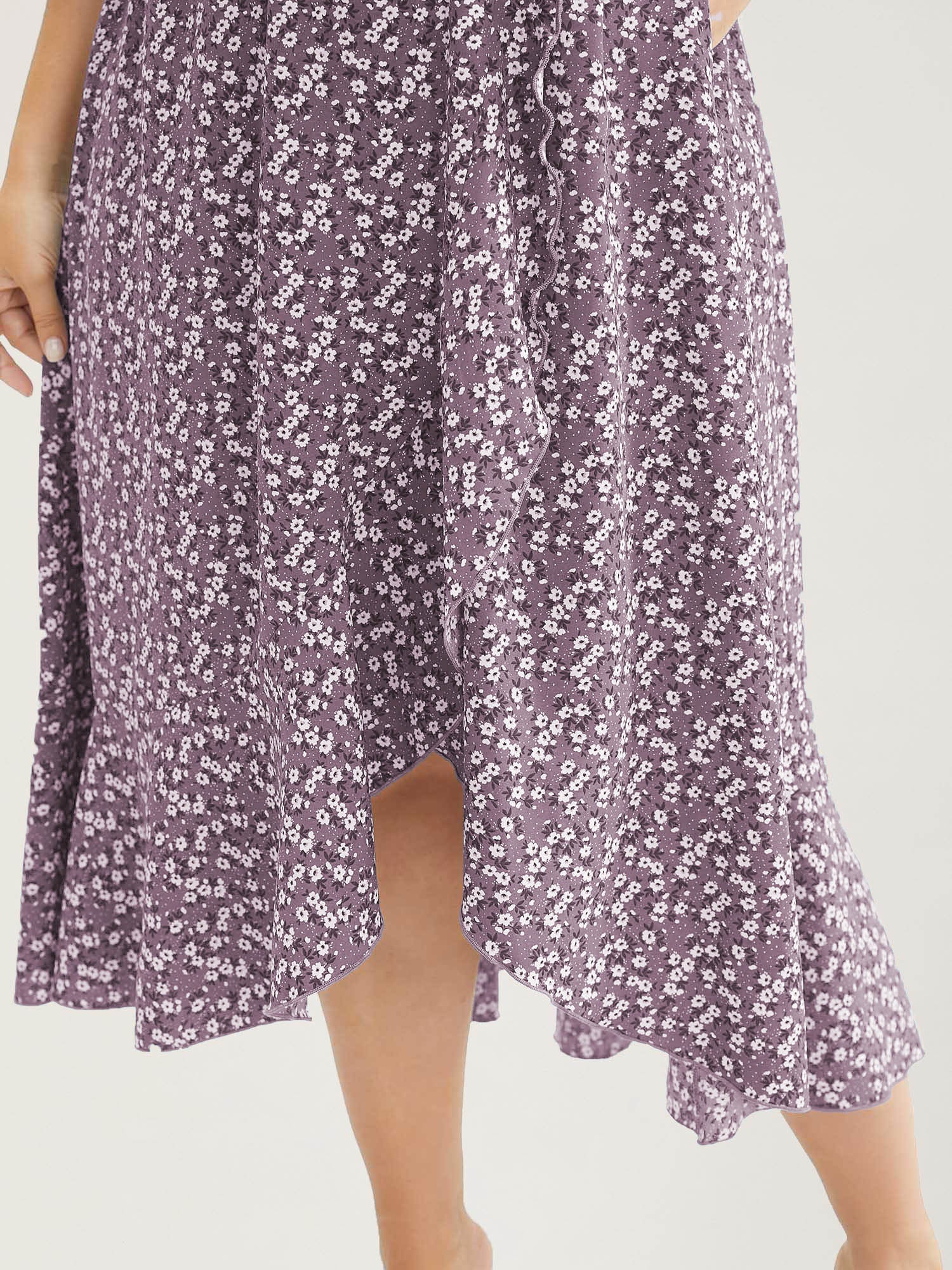 Ditsy Floral Pocket Wrap Cold Shoulder Ruffle Dress - Image 8