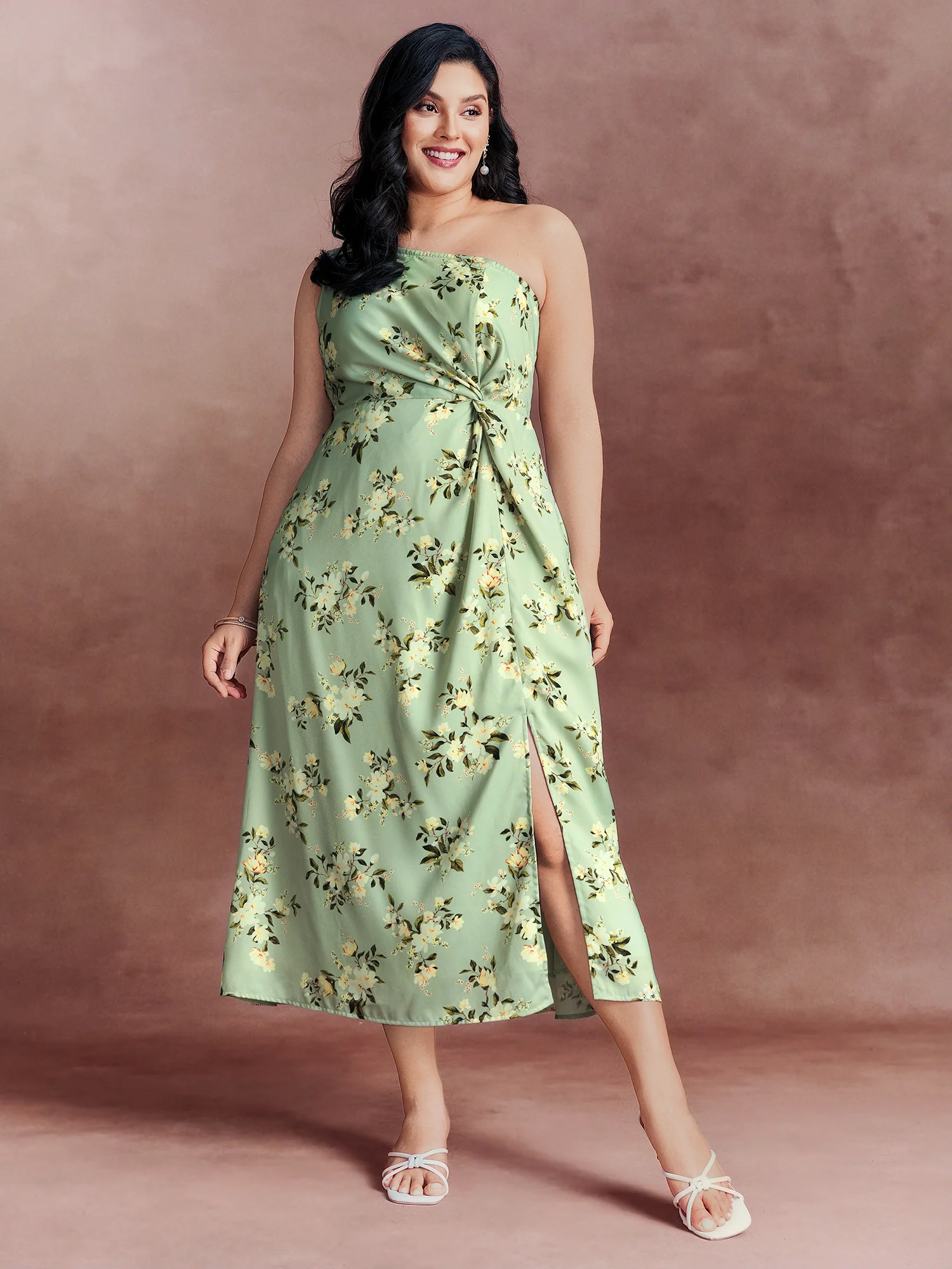 Elegant One-Shoulder Floral Knotted Maxi Dress - Image 3