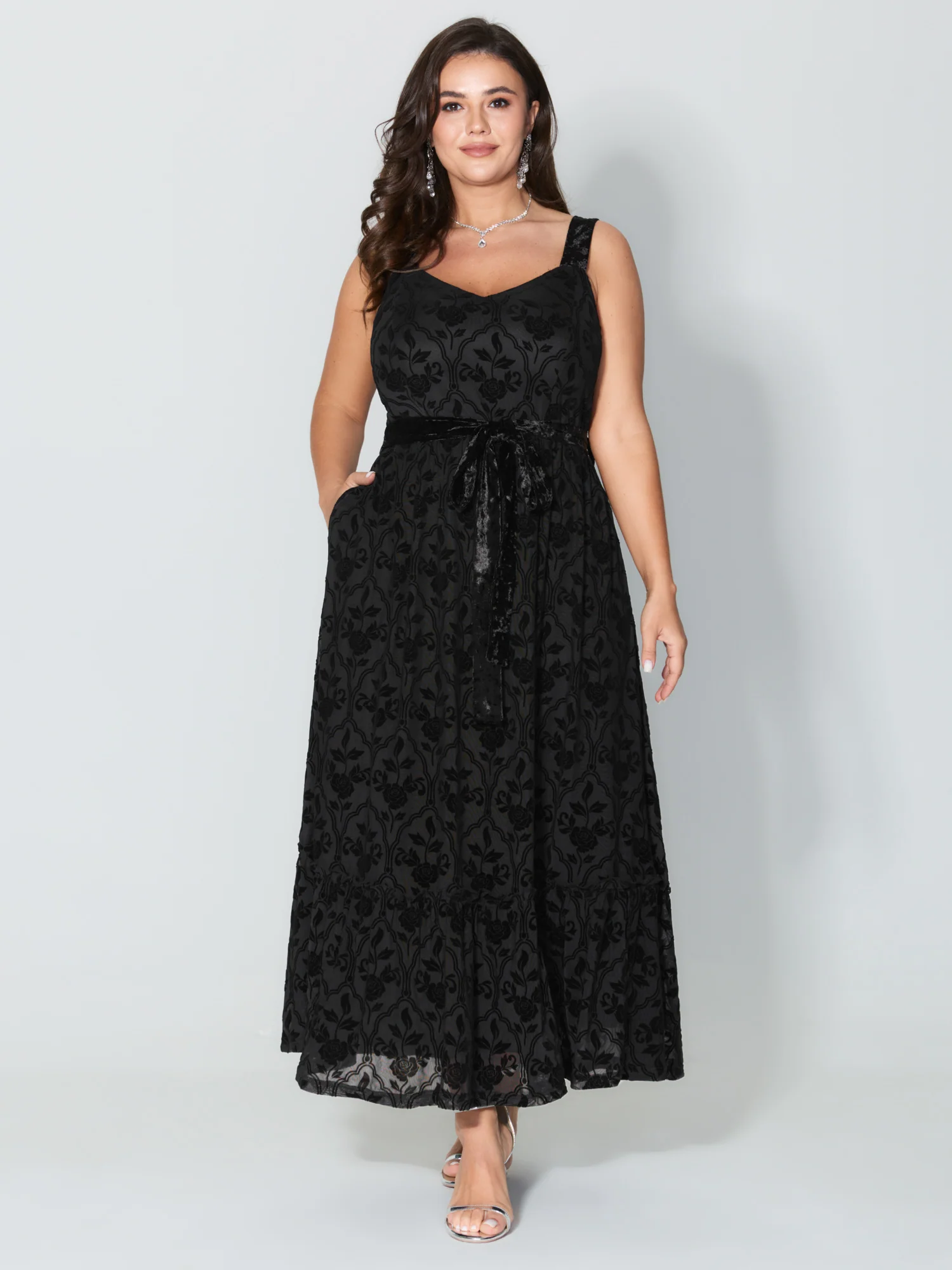 Flocked Spliced Velvety Tie Maxi Dress - Image 3