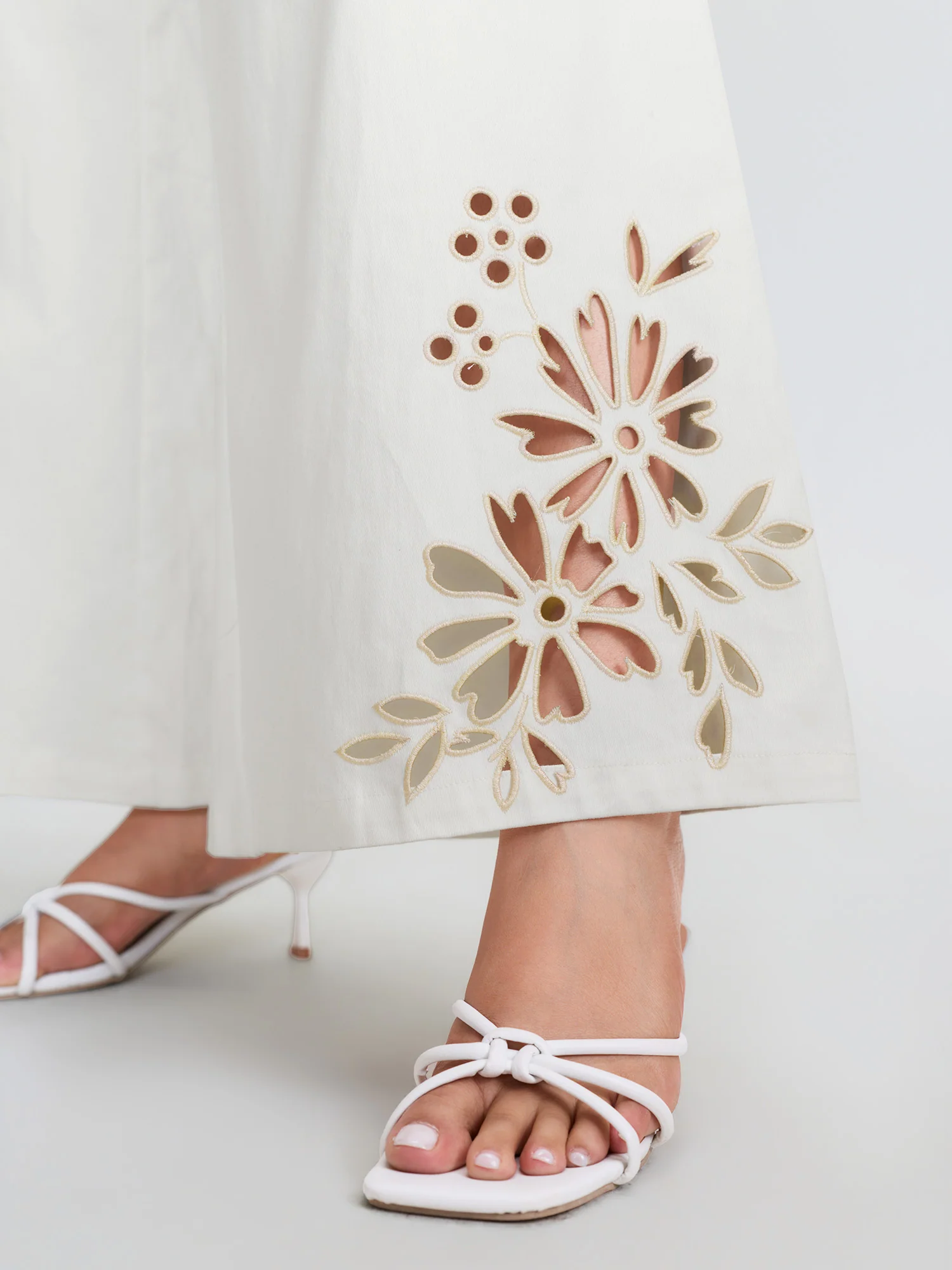 Cotton Floral Cutwork Embroidered Hem Pants - Image 3