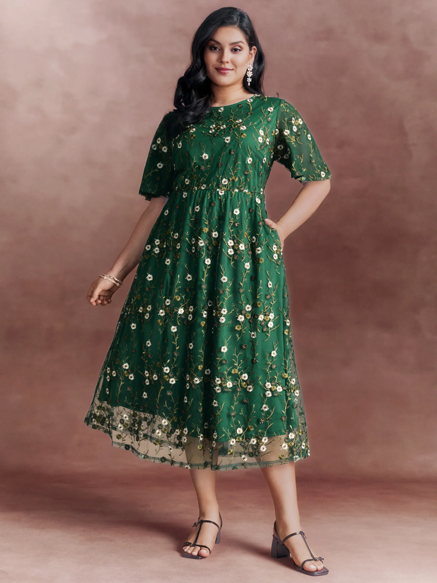 Floral Embroidered Mesh Midi Dress - Image 3