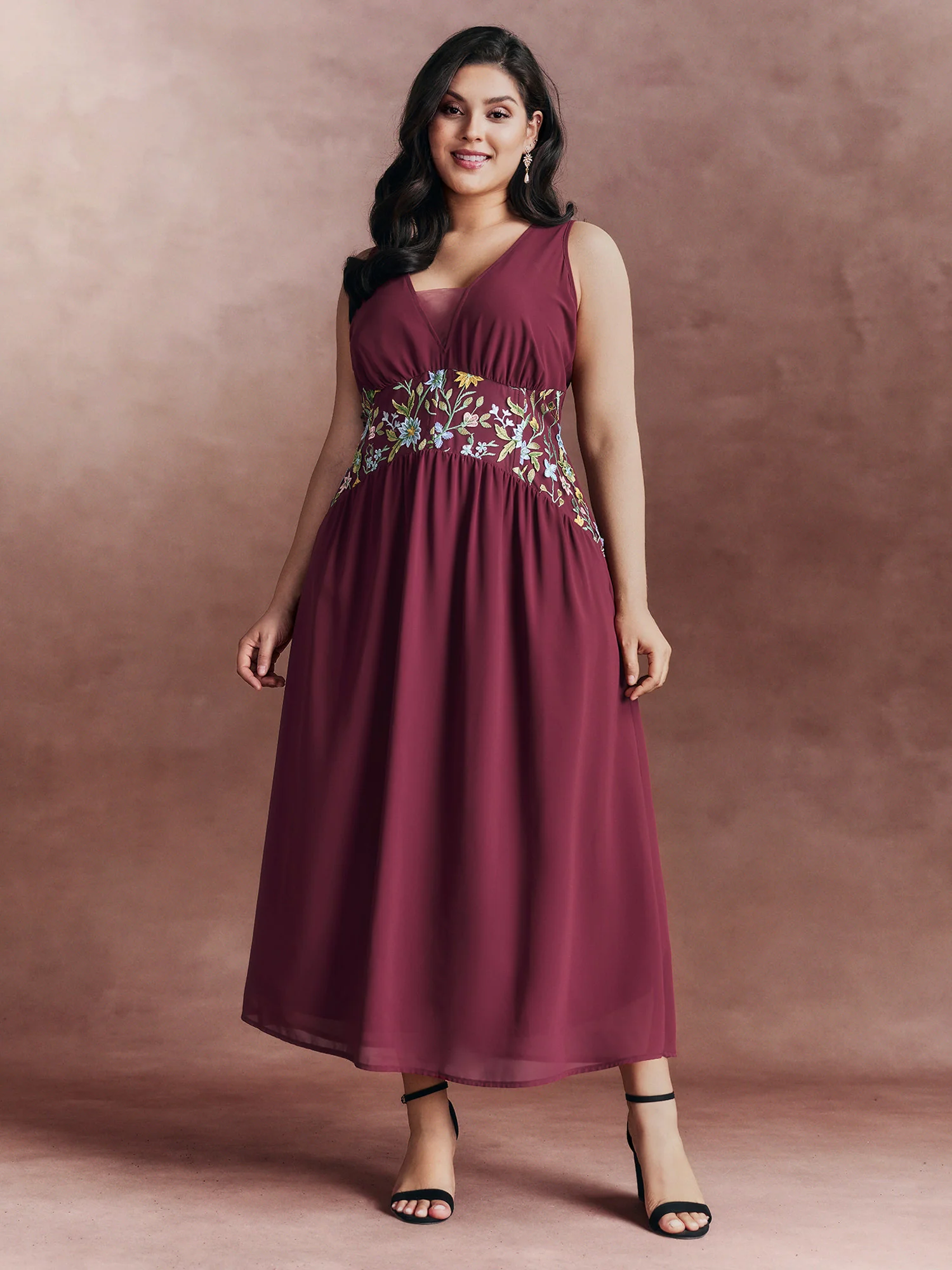 Floral Embroidered V-Neck Sleeveless Maxi Dress - Image 3
