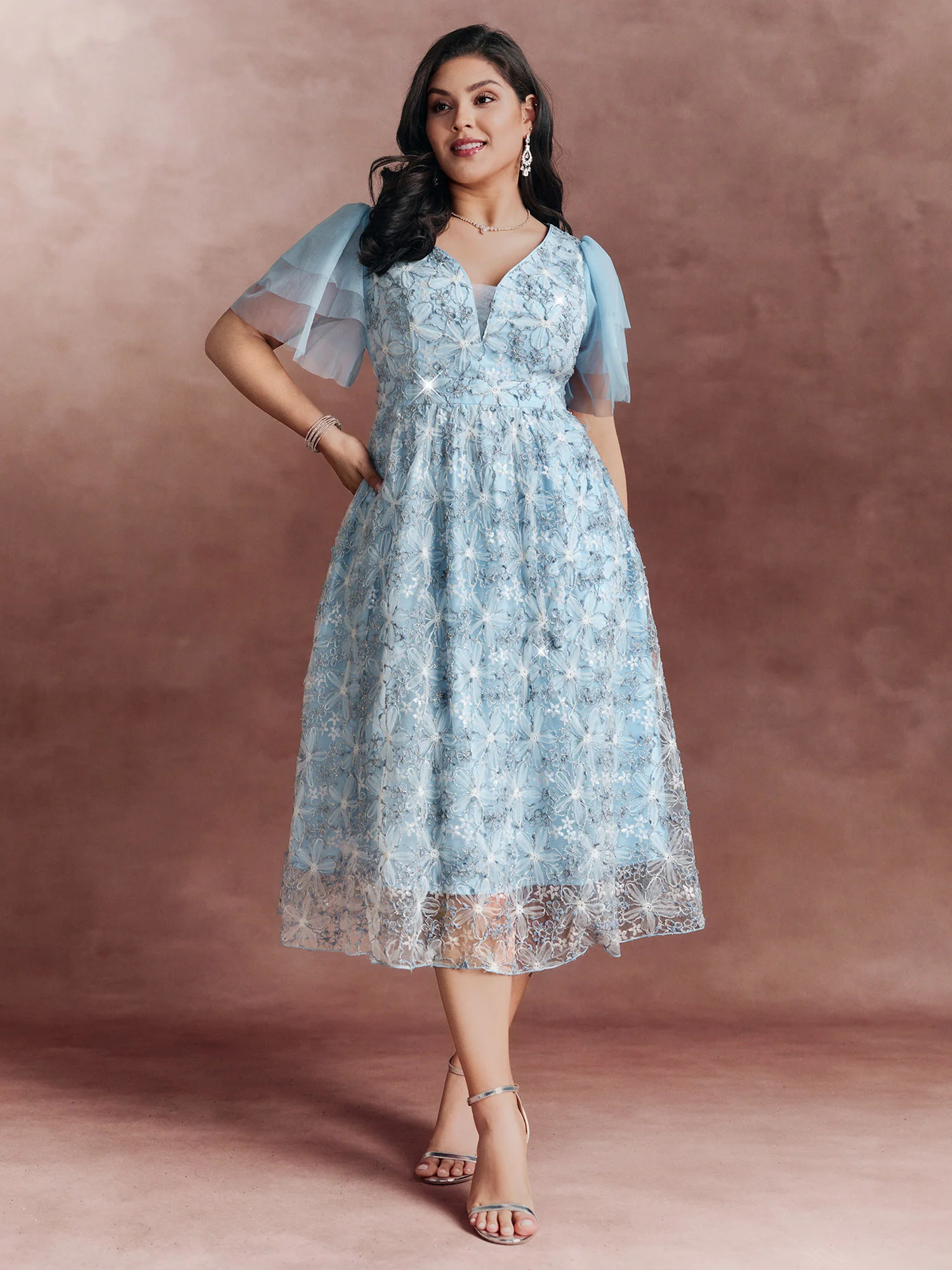 Floral Mesh Embroidered Lotus Leaf Sleeve Midi Dress - Image 3