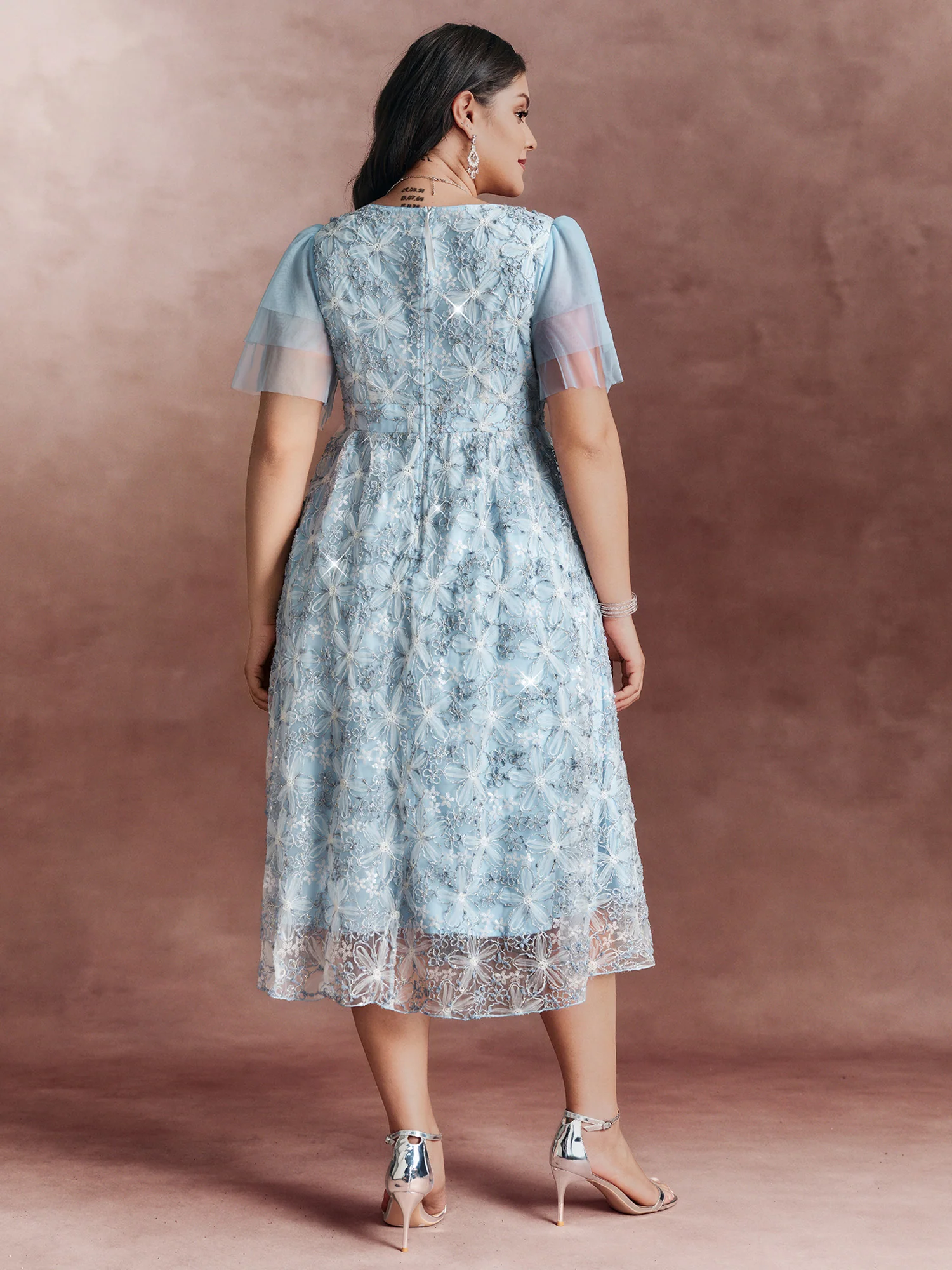 Floral Mesh Embroidered Lotus Leaf Sleeve Midi Dress - Image 4
