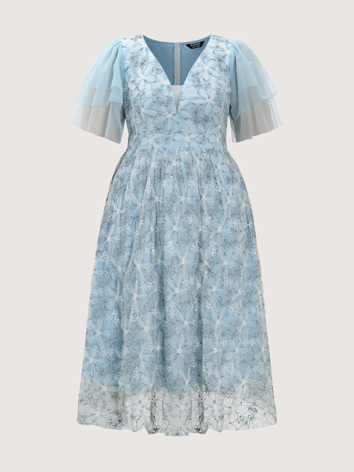 Floral Mesh Embroidered Lotus Leaf Sleeve Midi Dress - Image 7