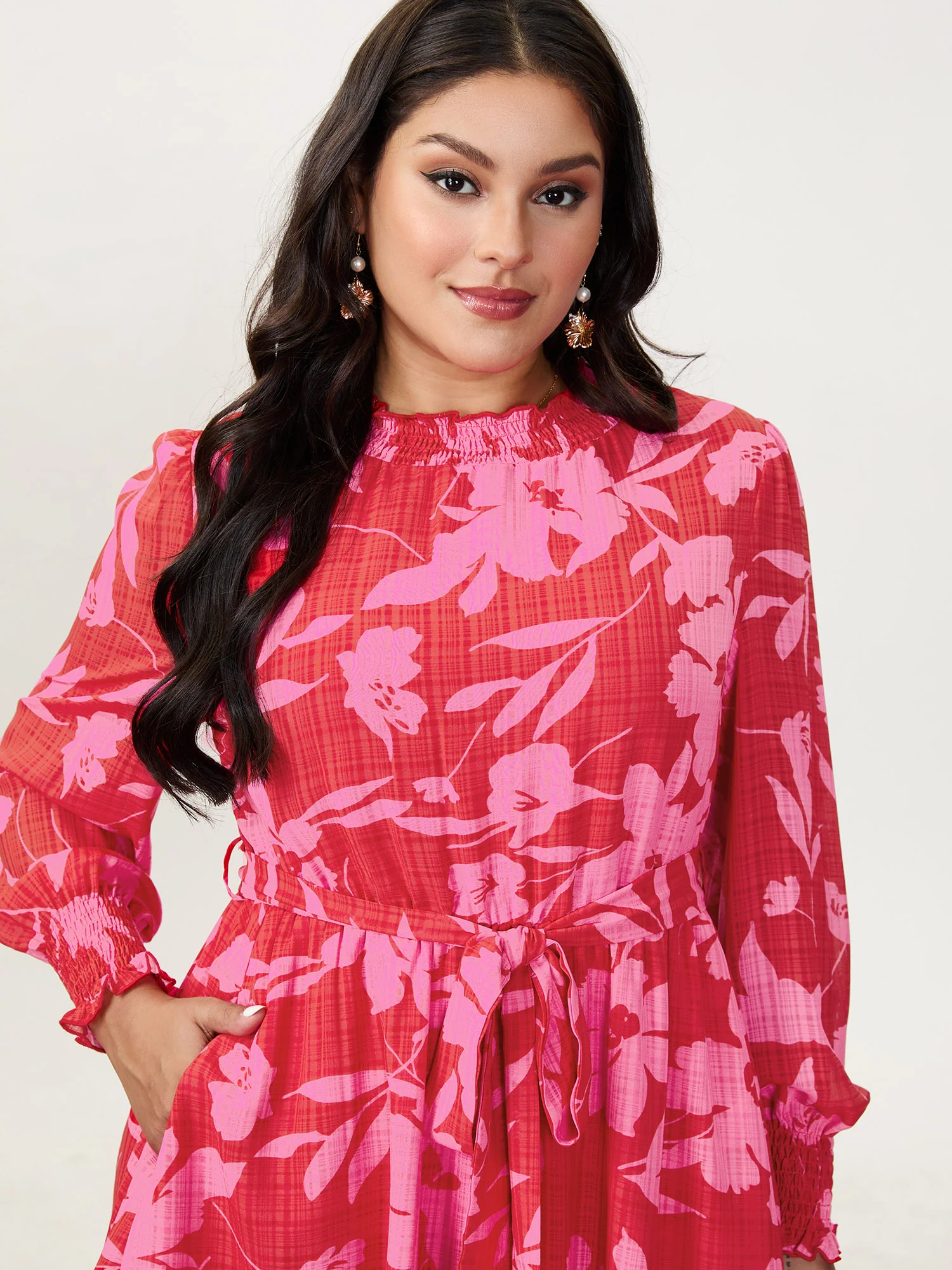 Floral Print Pleated Waist Mock Neck Mini Dress - Image 3