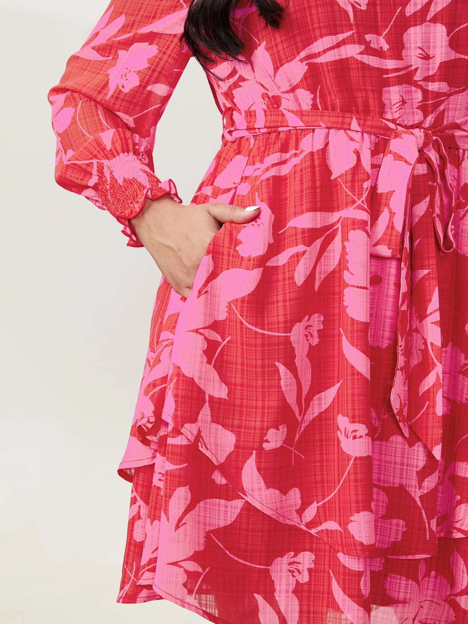 Floral Print Pleated Waist Mock Neck Mini Dress - Image 4