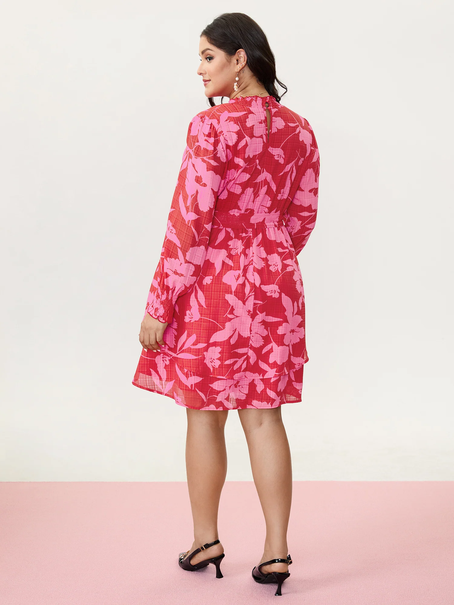 Floral Print Pleated Waist Mock Neck Mini Dress - Image 5