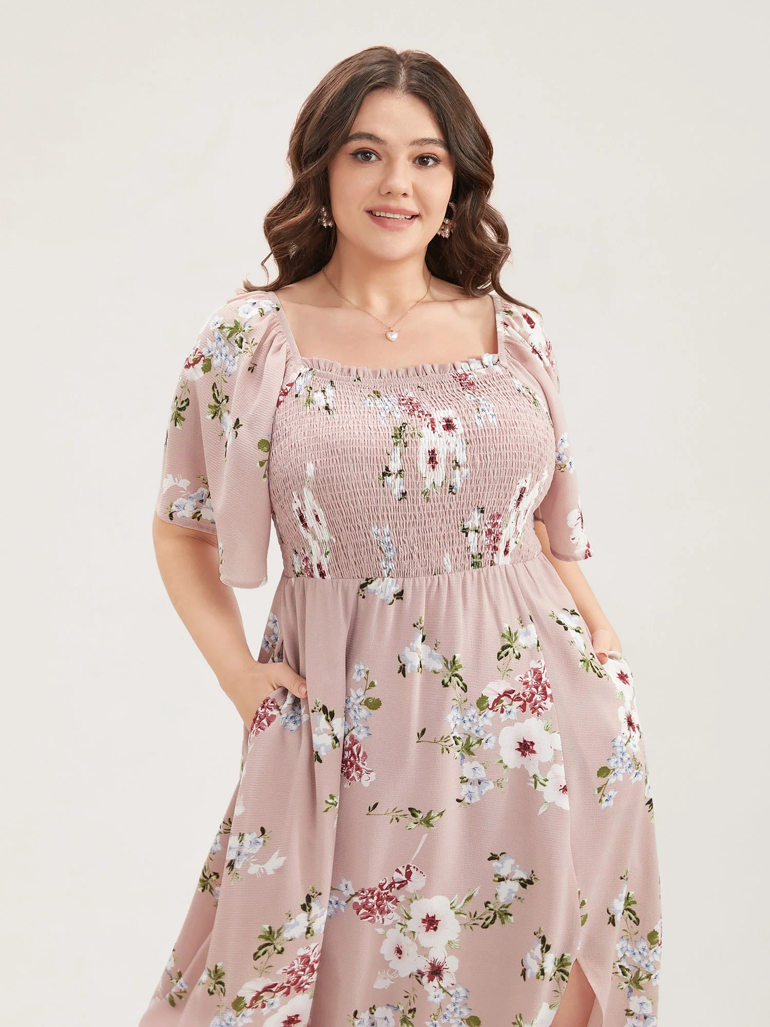 Floral Square Neck Ruffles Pocket Shirred Split Dress - Image 3